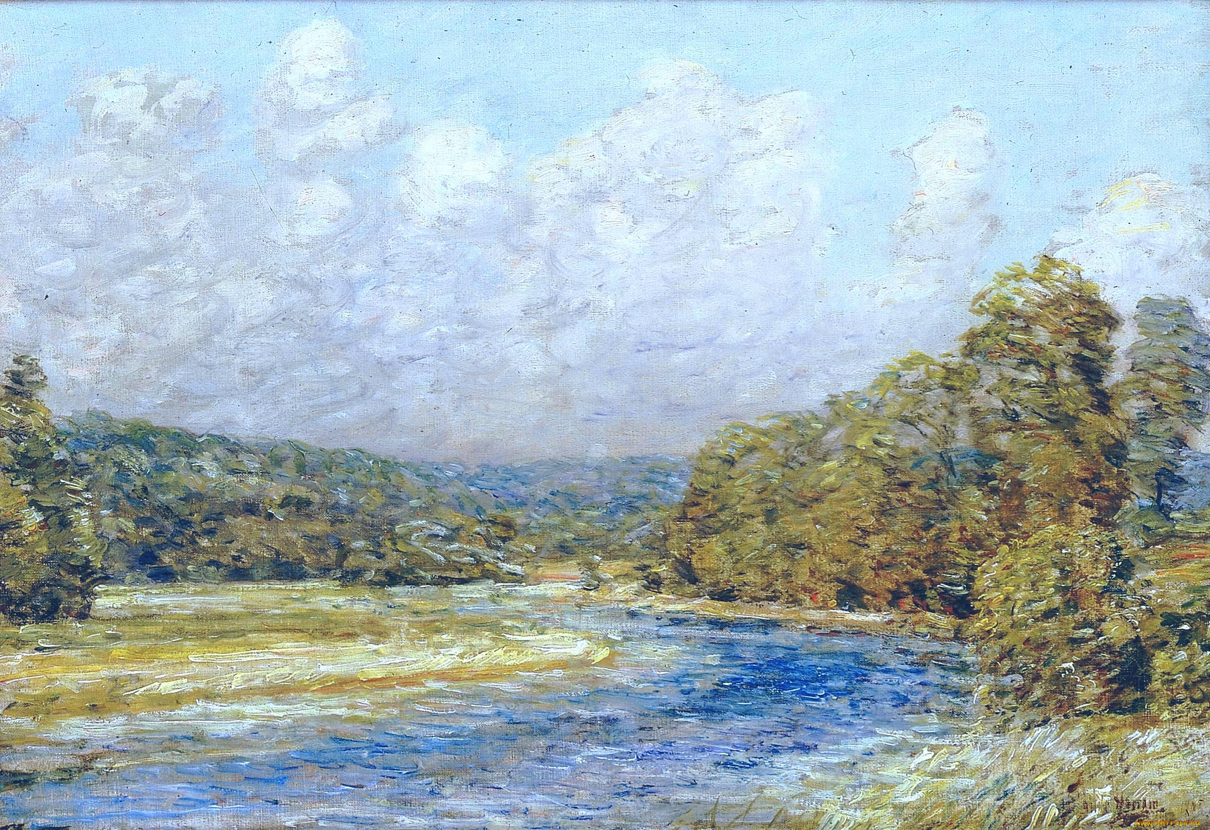 river, landscape, рисованное, frederick, childe, hassam, деревья, берега, река, облака, небо