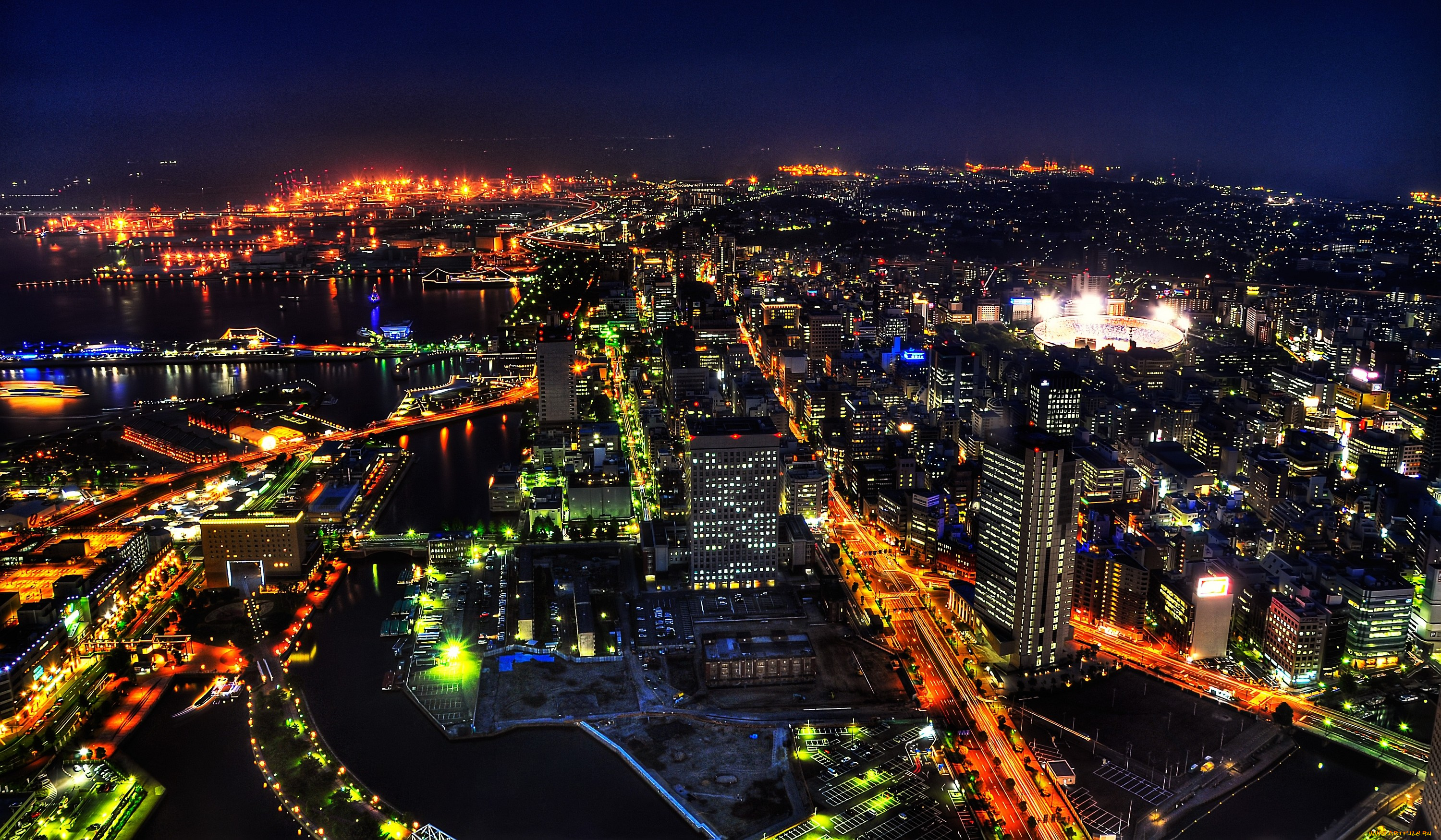йокогама, Япония, города, ночь, огни, дорога, стадион, дома