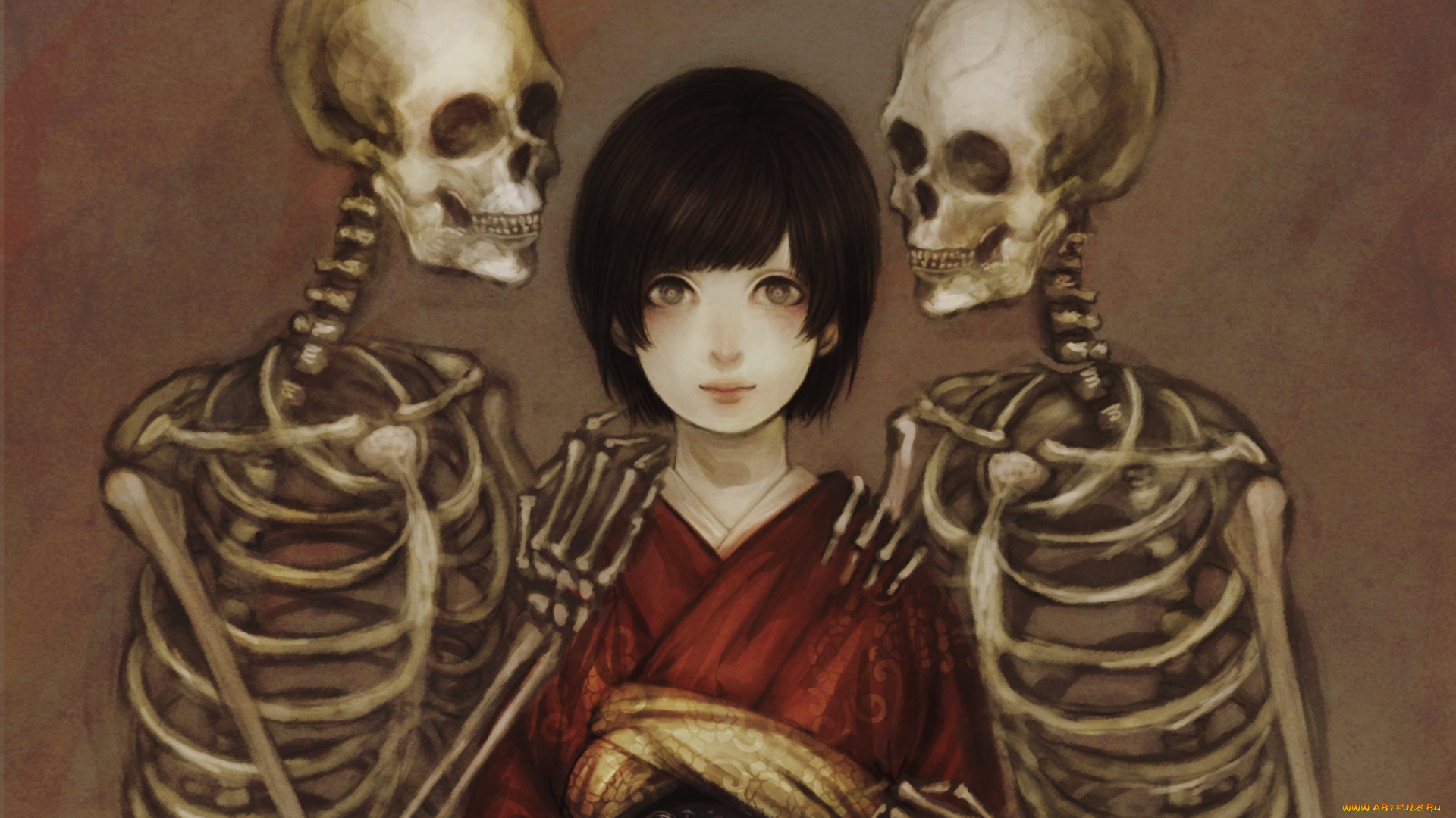 аниме, unknown, , другое, девушка, смерть, скелеты