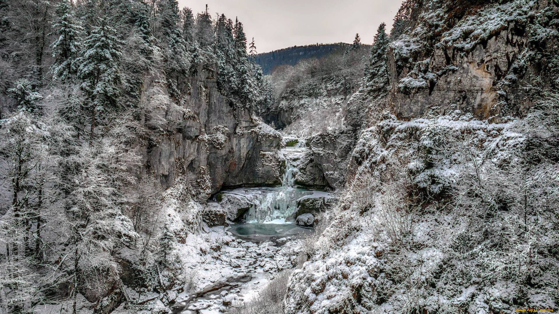 природа, водопады, зима, иней