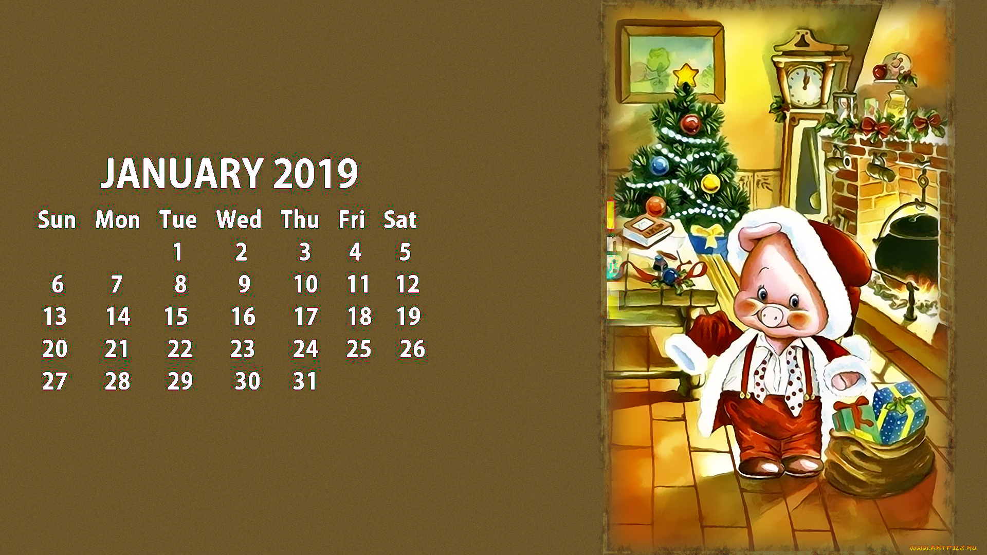 календари, праздники, , салюты, свинья, одежда, елка, поросенок, очаг, комната