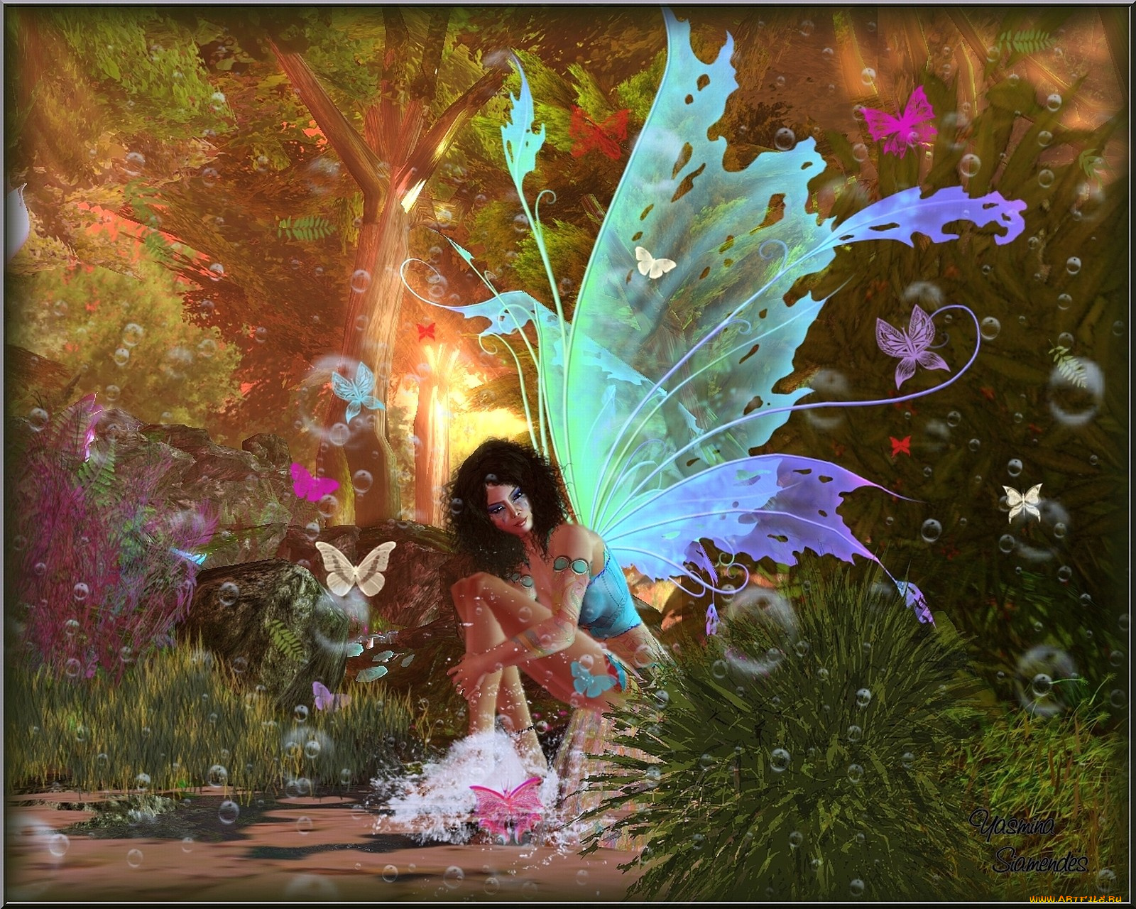 3д, графика, fantasy, фантазия, фея, крылья, бабочки, лес