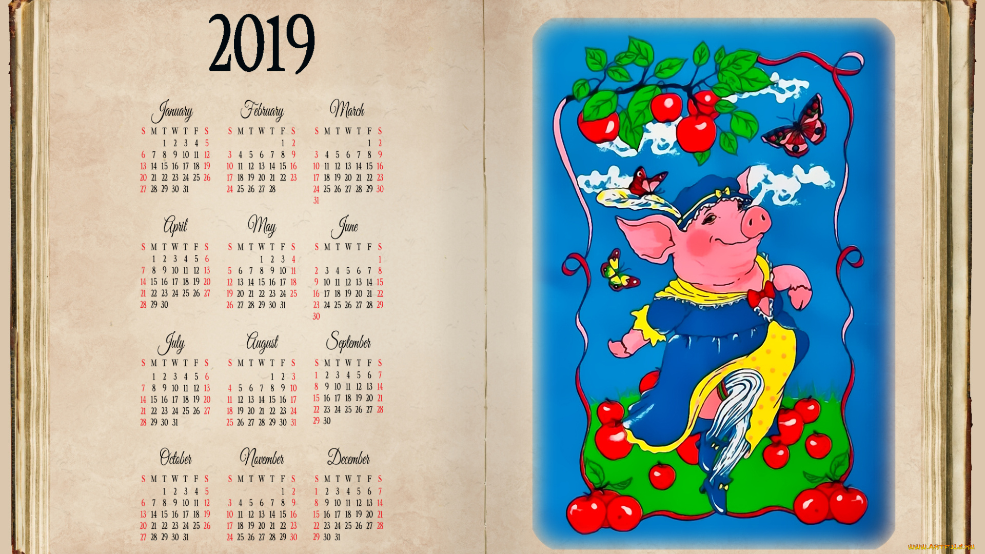 календари, рисованные, , векторная, графика, яблоко, поросенок, бабочка, свинья, фрукт