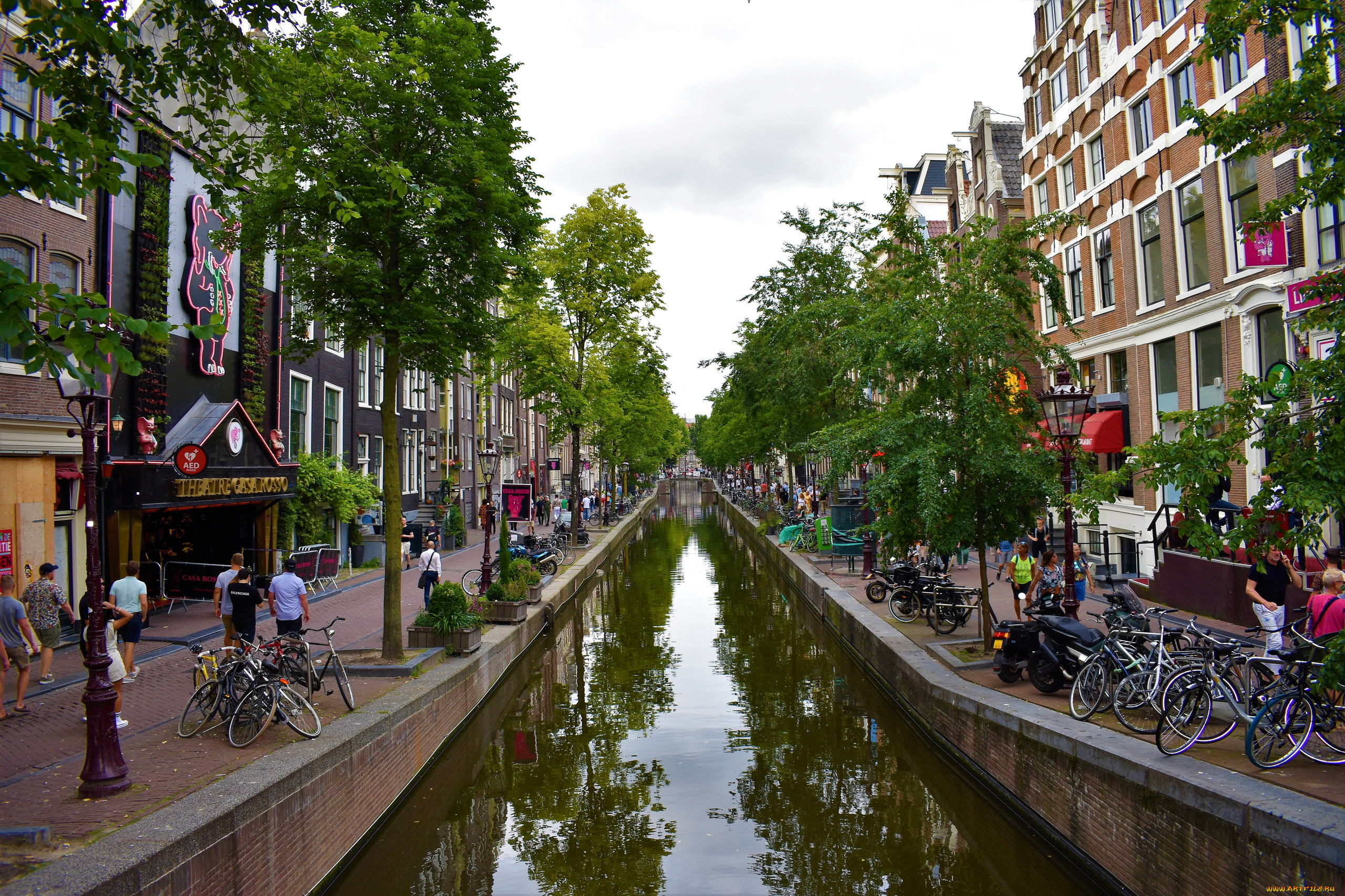 города, амстердам, , нидерланды, канал, велосипеды, прохожие