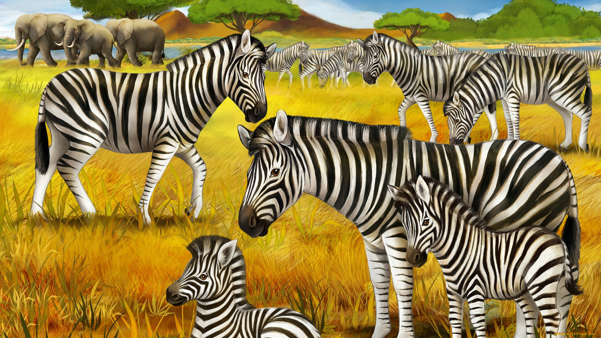 рисованные, животные, , зебры, взрослые, зебры, деревья, трава, малыши