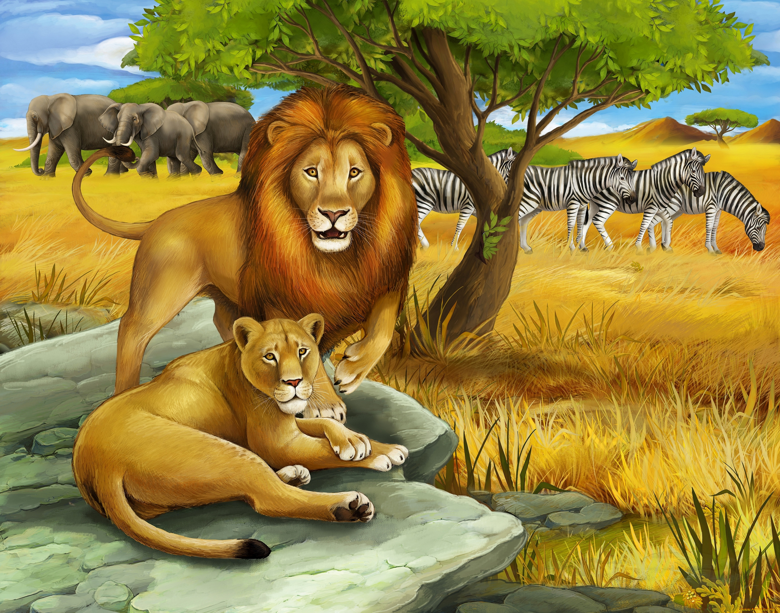 рисованные, животные, , львы, львица, лев, камень, трава, деревья