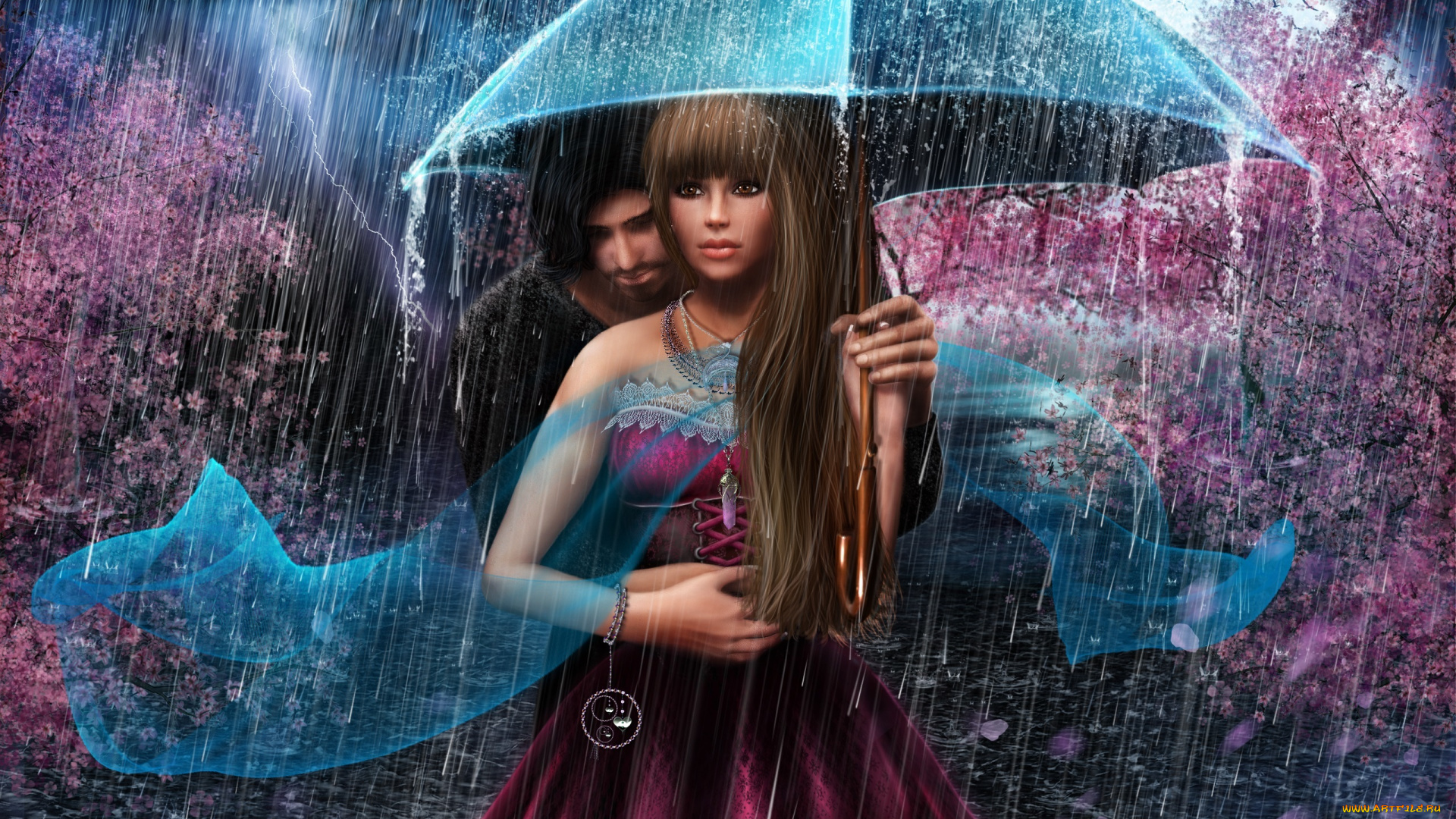 рисованное, люди, девушка, зонт, романтика, дождь, молния, парень