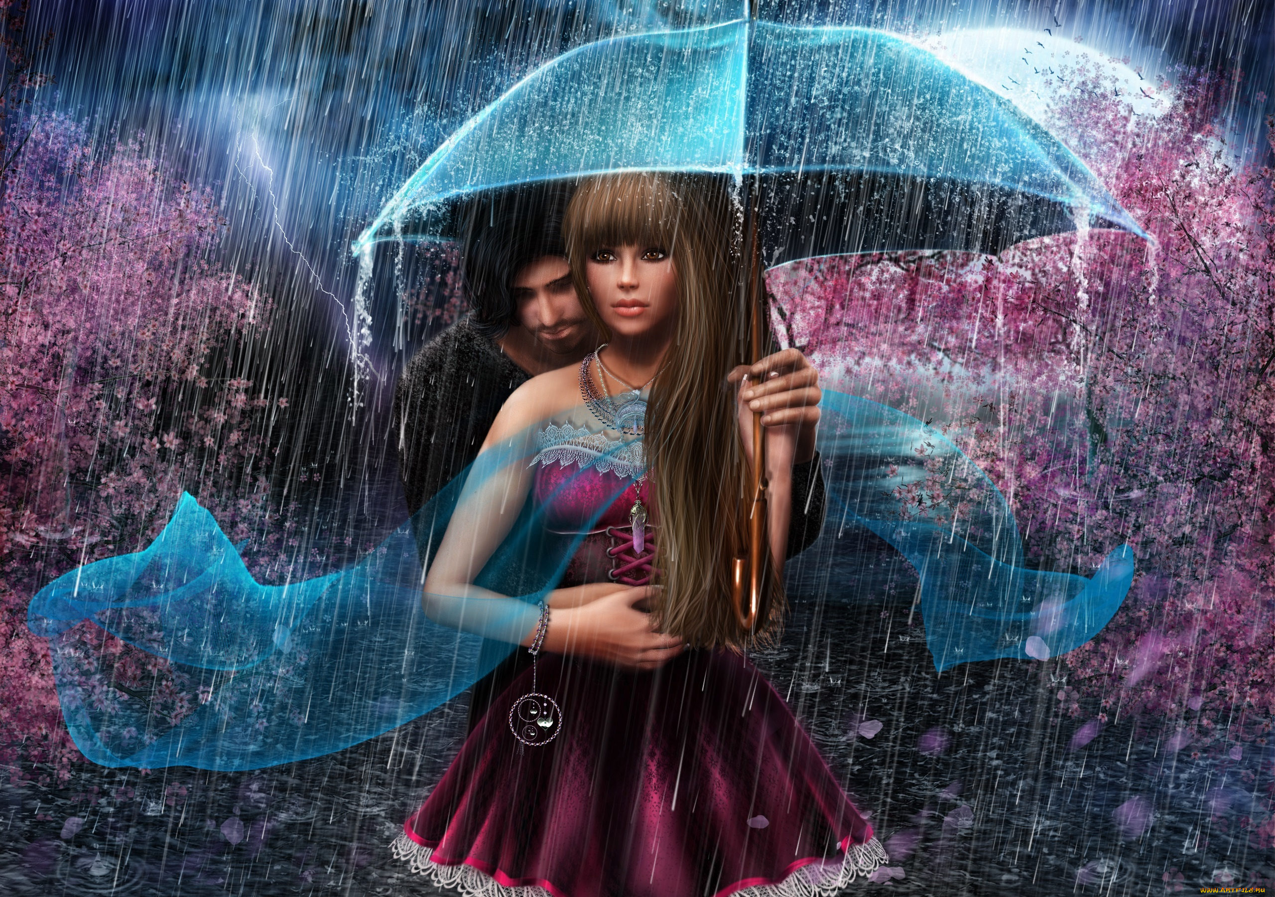 рисованное, люди, девушка, зонт, романтика, дождь, молния, парень