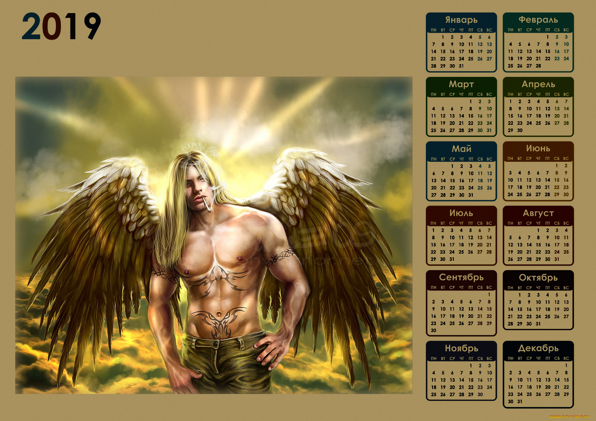 календари, фэнтези, мужчина, ангел, крылья