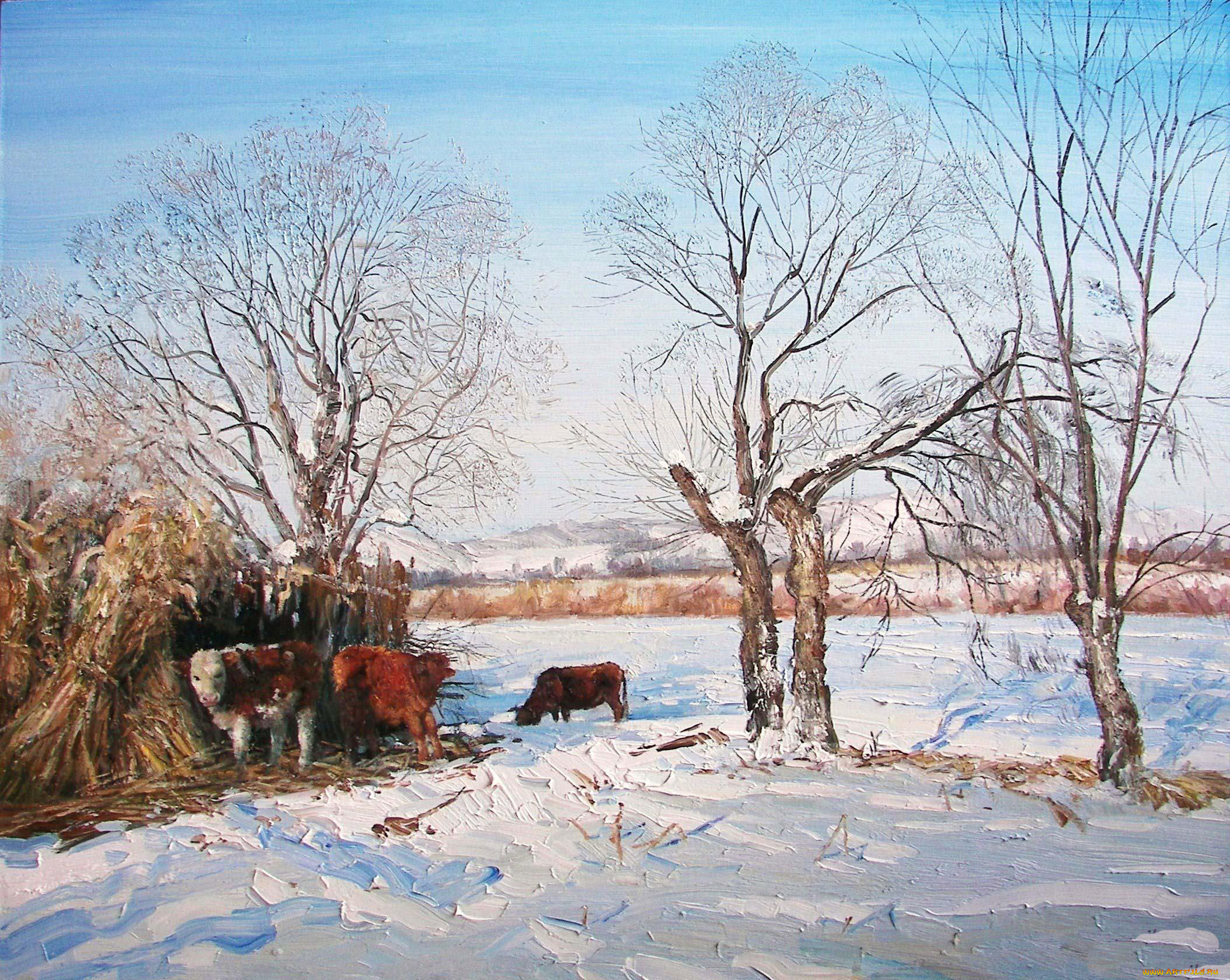 рисованные, живопись, снег, зима, коровы, деревья