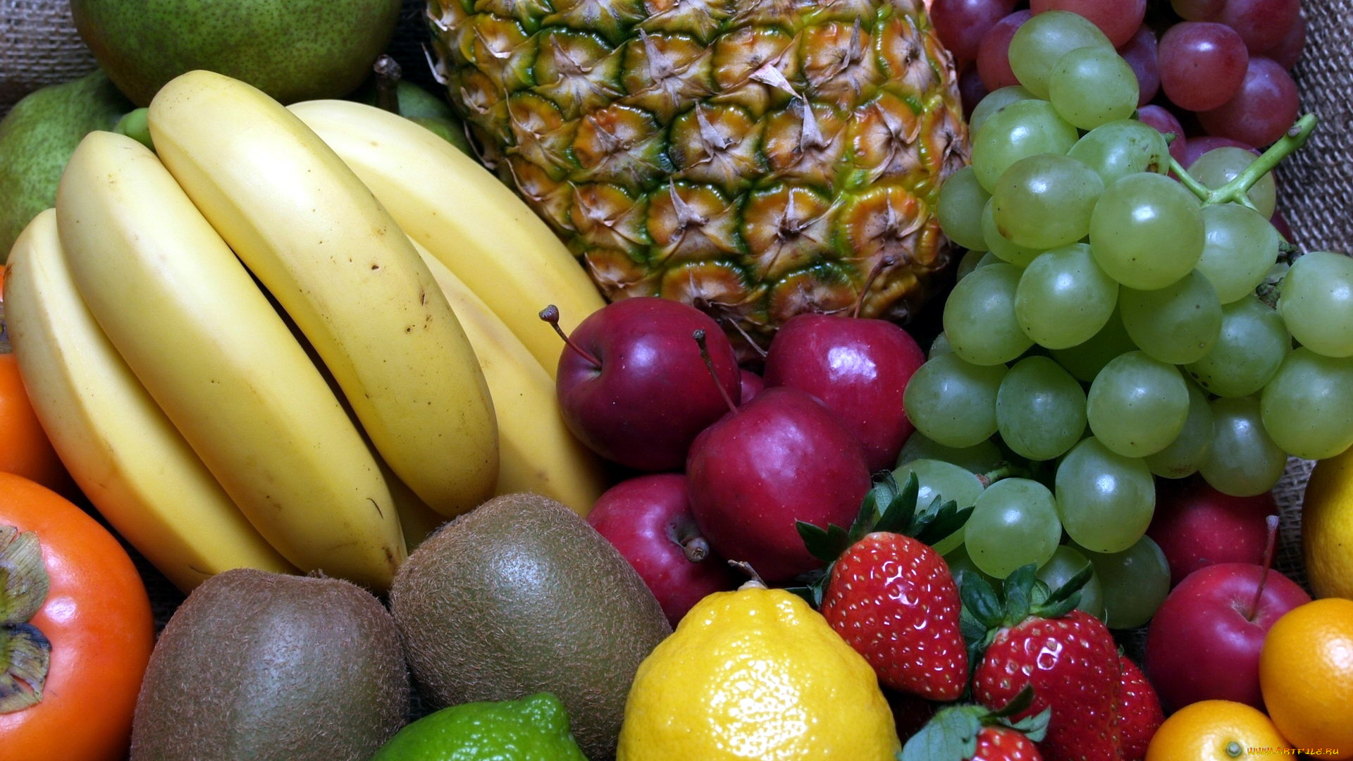 еда, фрукты, , ягоды, бананы, виноград, киви, клубника