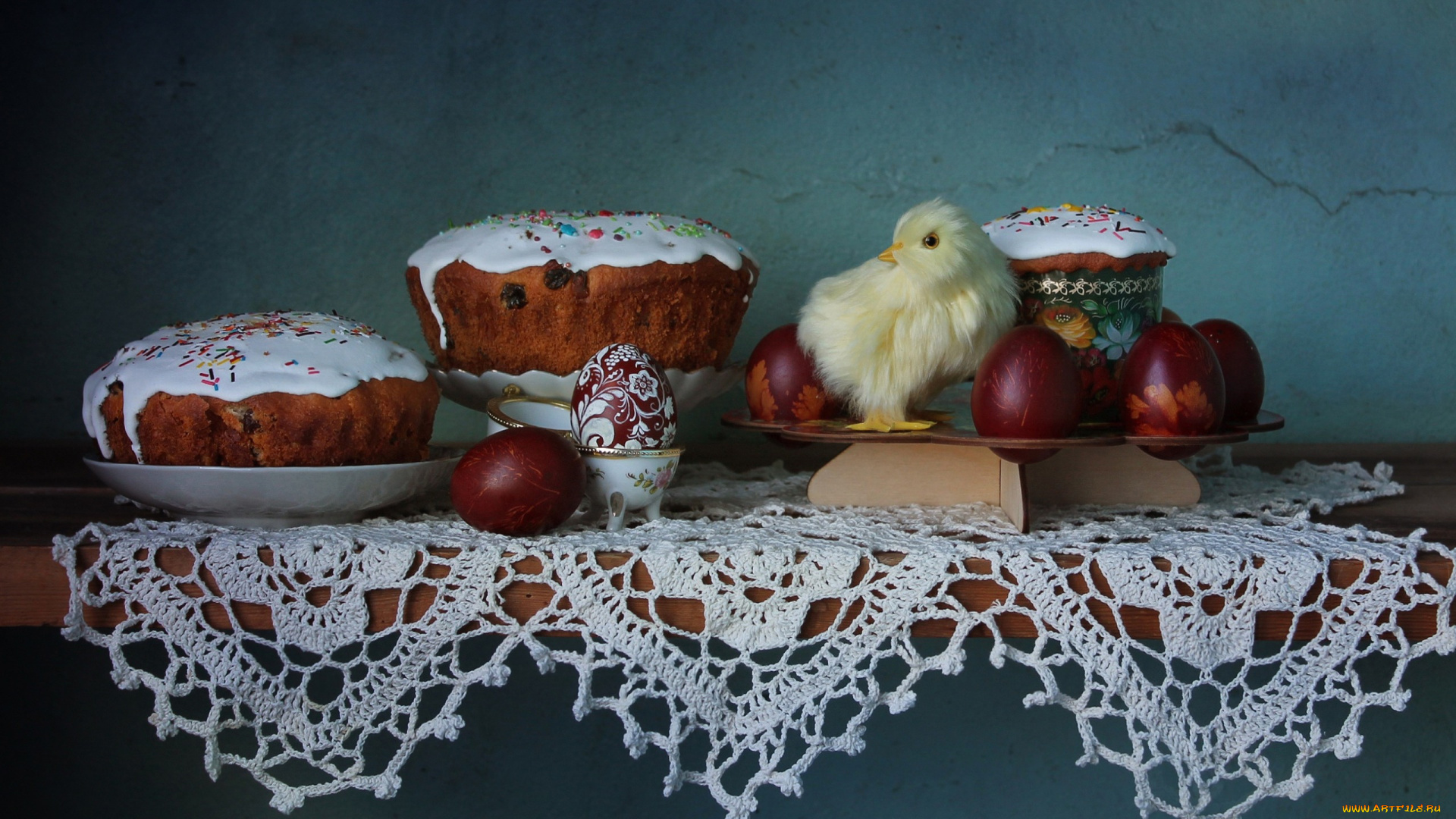 праздничные, пасха, цыпленок, яйца, куличи, весна, натюрморт