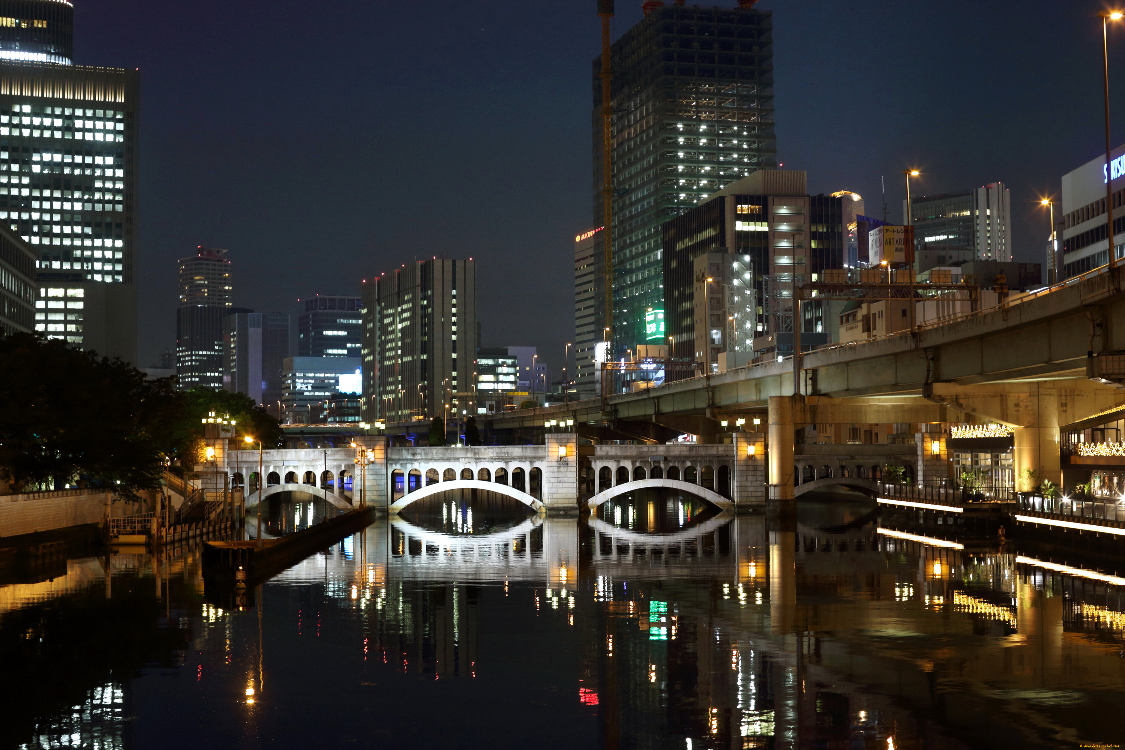 fukuoka, Япония, города, -, огни, ночного, города, fukuoka, Япония, небоскребы, река, ночь, огни, мост