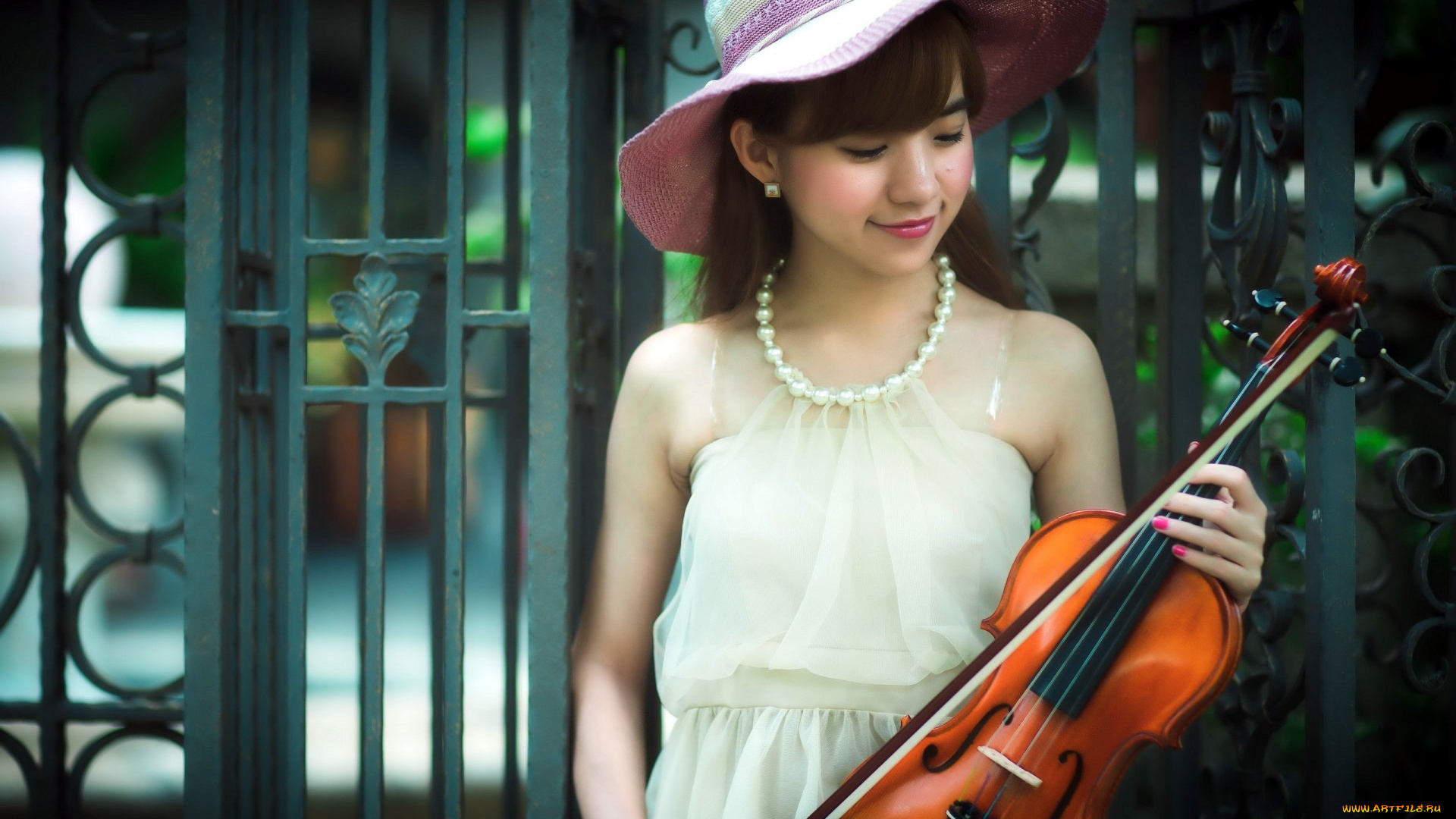 музыка, -другое, шляпа, азиатка, скрипка, девушка