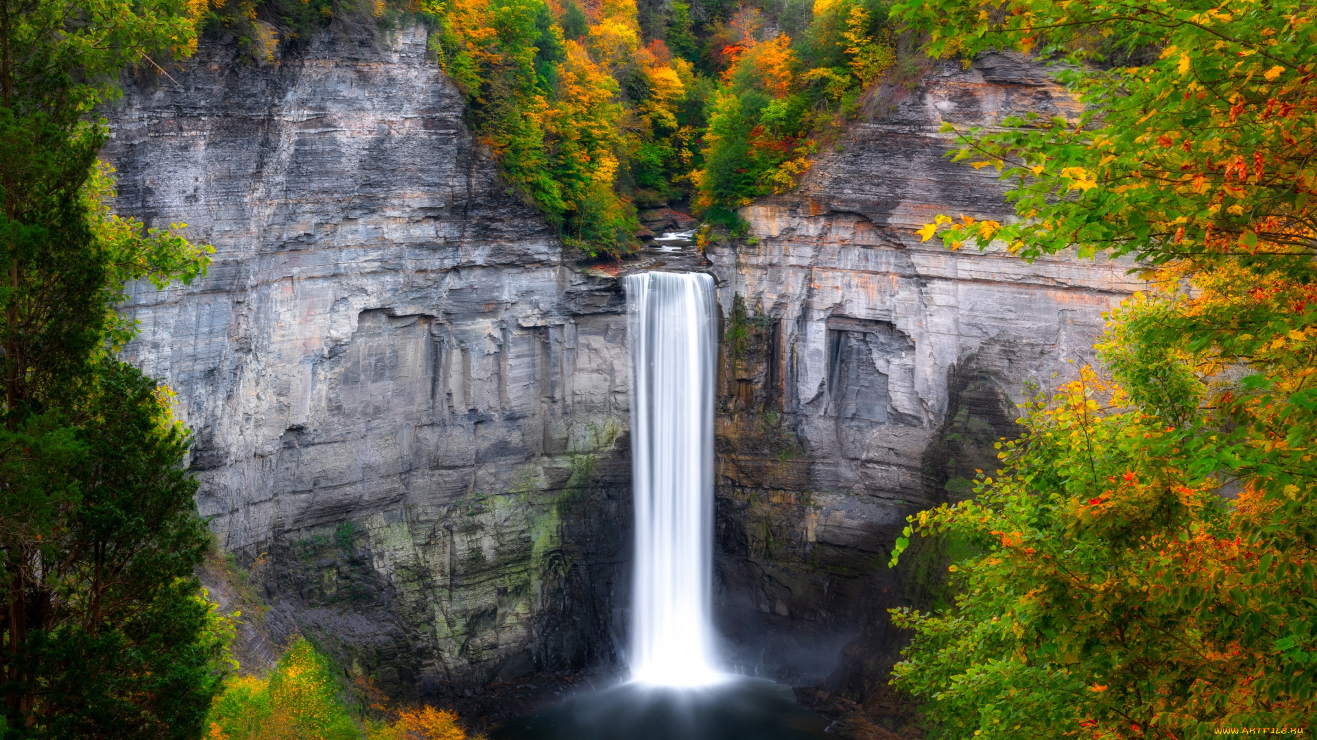 природа, водопады, осень, лес, деревья, скалы, берег, листва, вид, водопад