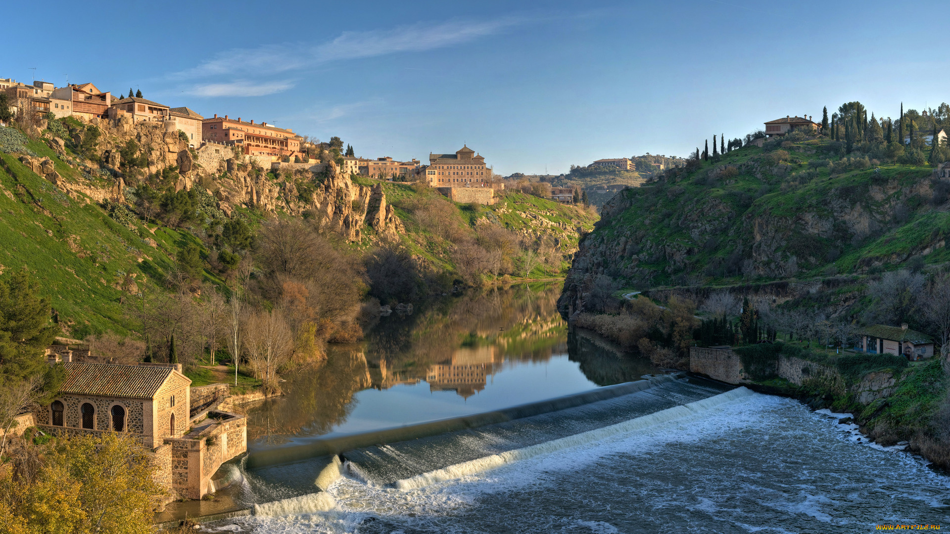 tagus, river, panorama, toledo, spain, города, пейзажи, вид, река, толедо, испания