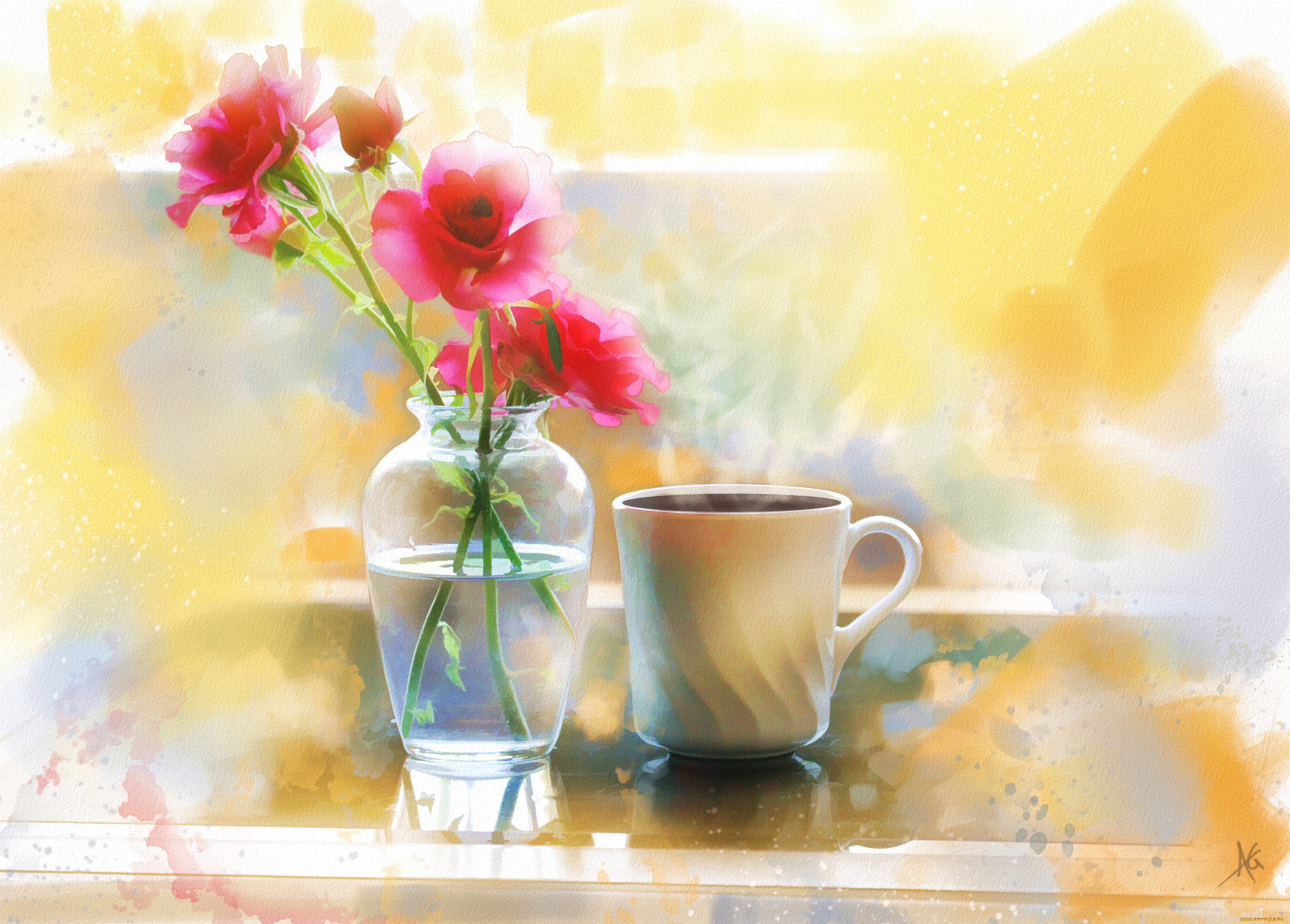 рисованные, живопись, натюрморт, ваза, цветы, розы, чашка, кофе