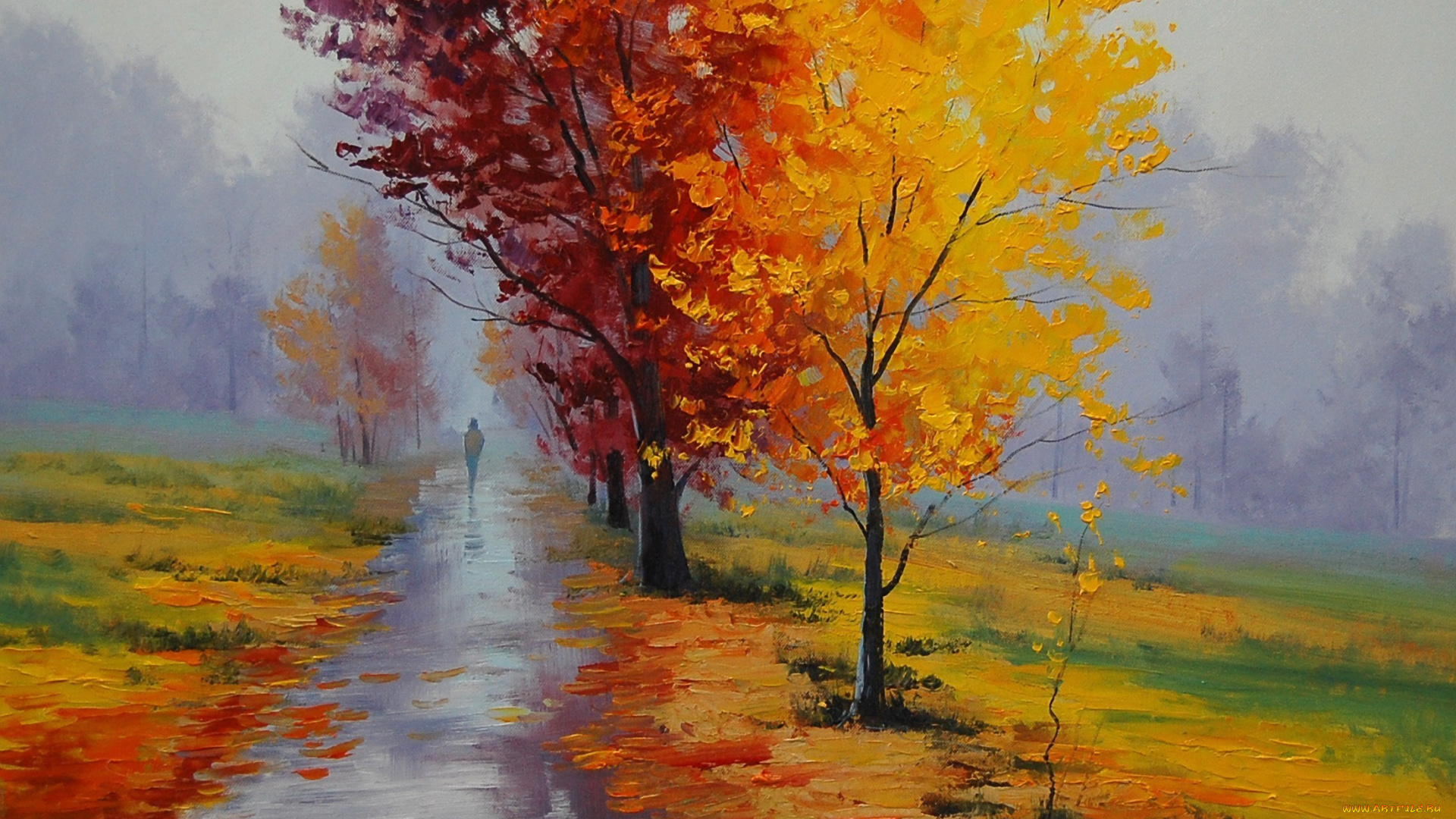 рисованные, живопись, человек, дорожка, дождь, туман, парк, деревья, осень