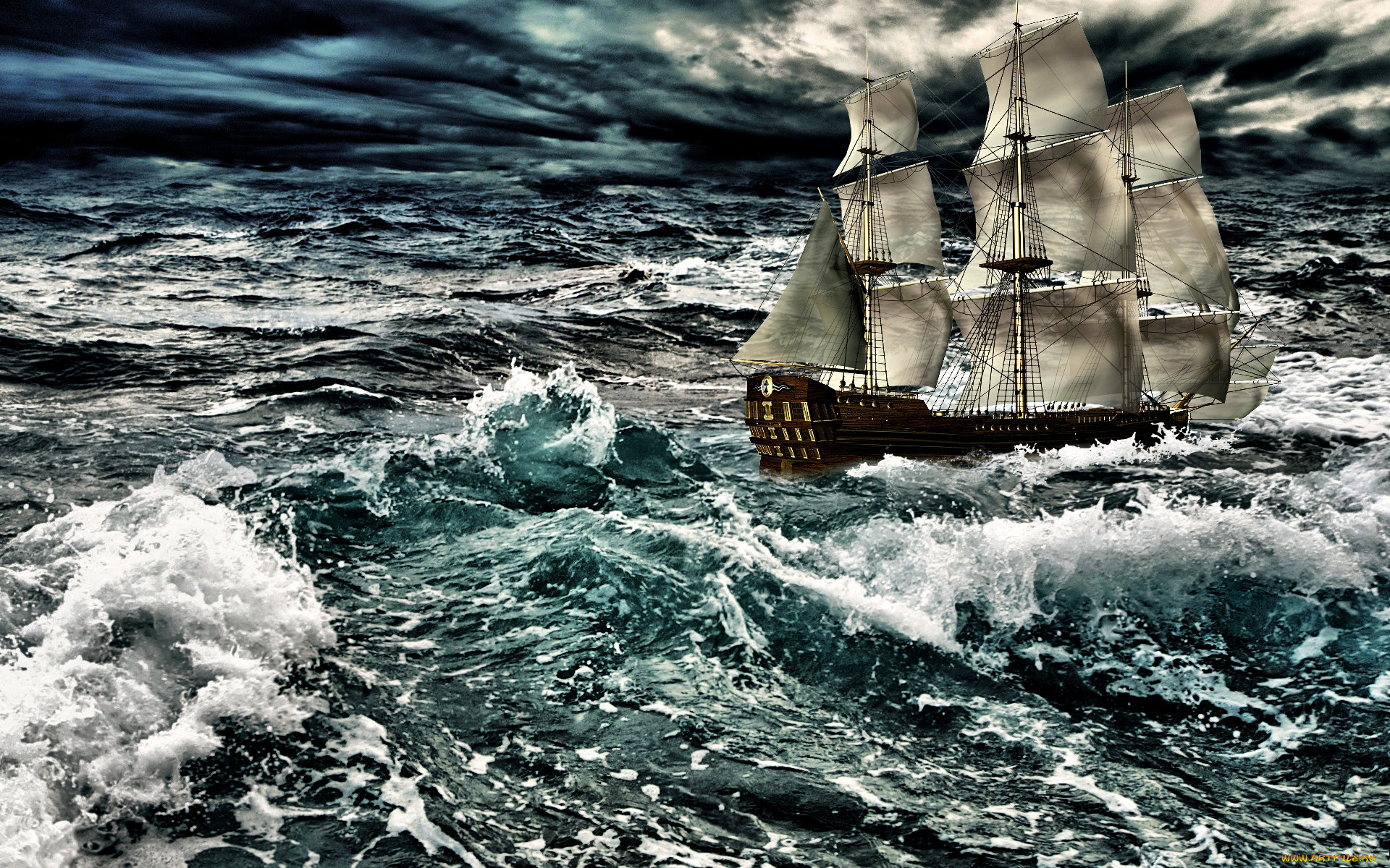 storm, корабли, 3d, шторм, парусник, океан