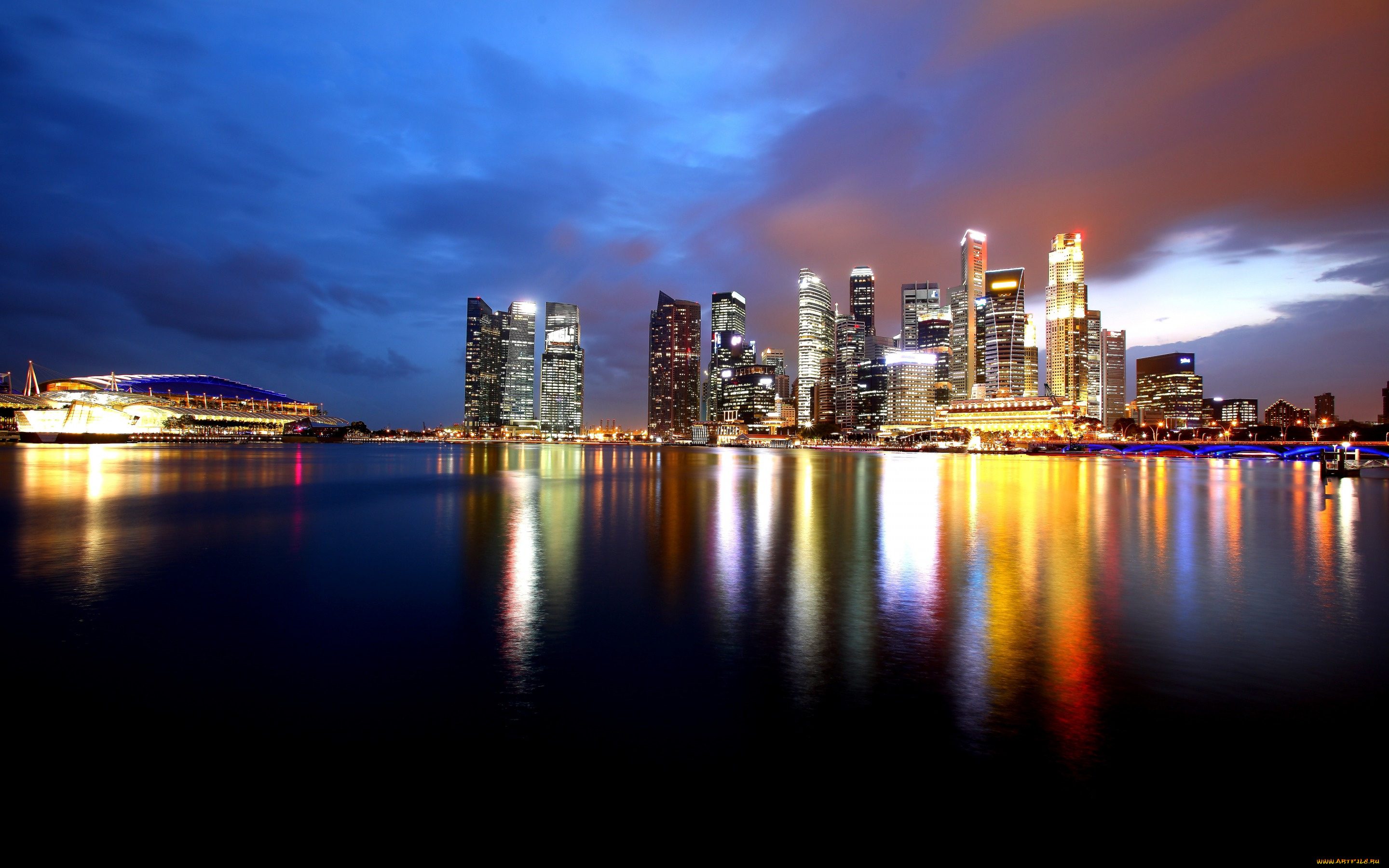 города, сингапур, , сингапур, залив, побережье, небоскребы, вода, отражение, ночь, огни