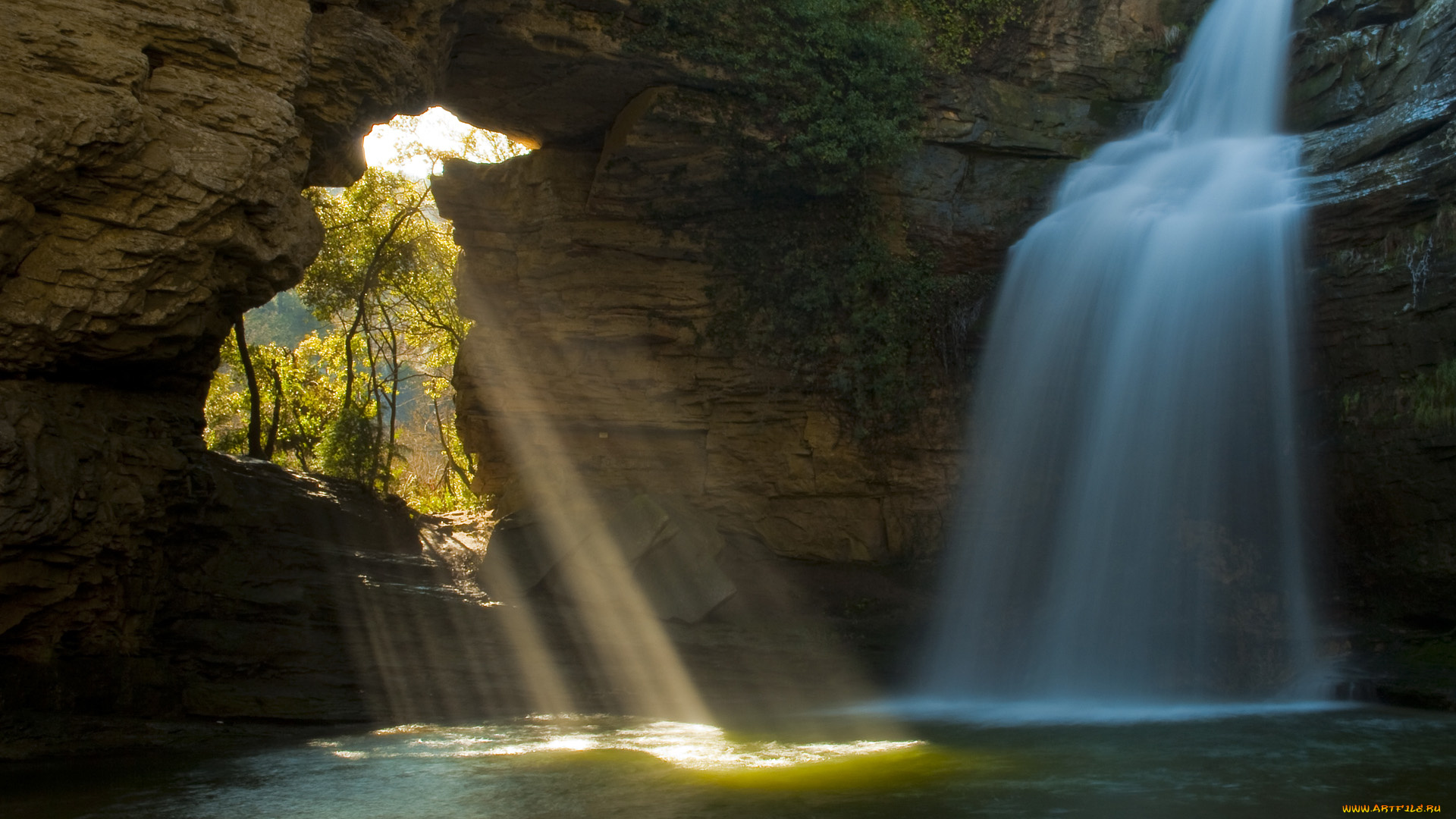 limestone, cave, and, waterfall, the, foradada, catalonia, spain, природа, водопады, пещера