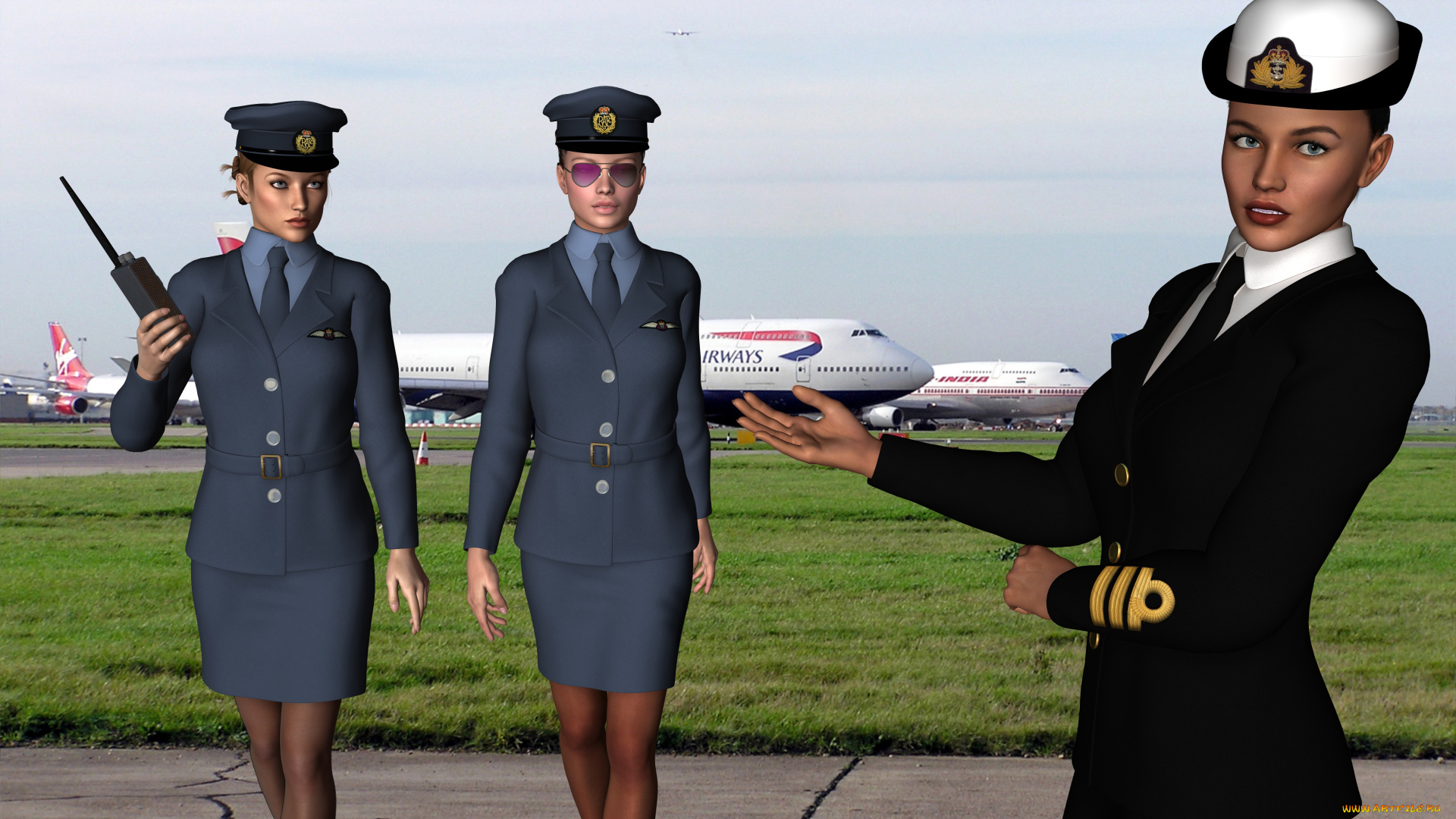 stewardesses, 3д, графика, фантазия, , fantasy, взгляд, самолеты, стюардессы, девушки
