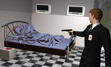 Картинка she+мwolf 3д+графика фантазия+ fantasy светильник оружие одеяло кровать комната мужчина