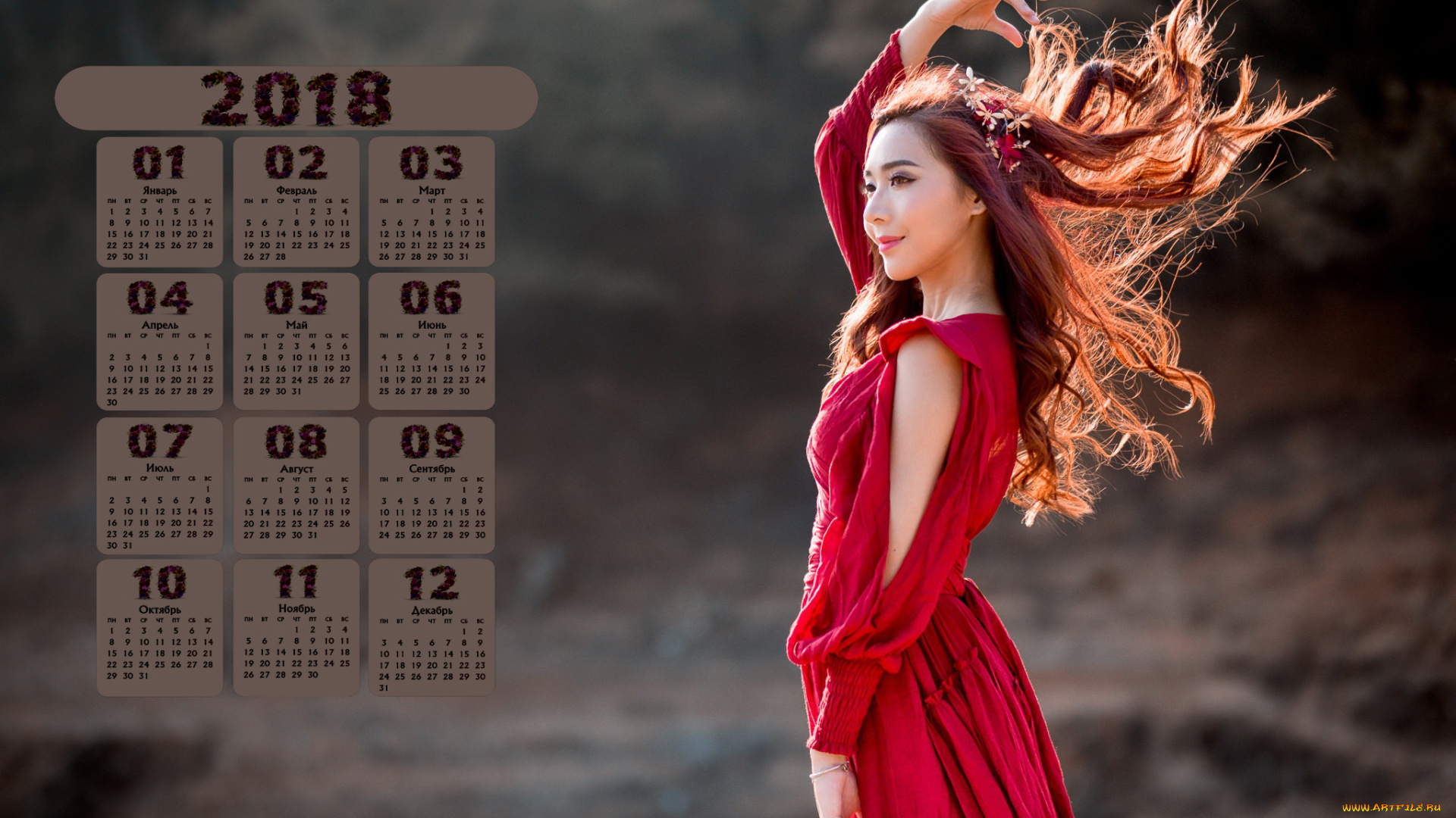 календари, девушки, туника, азиатка, 2018