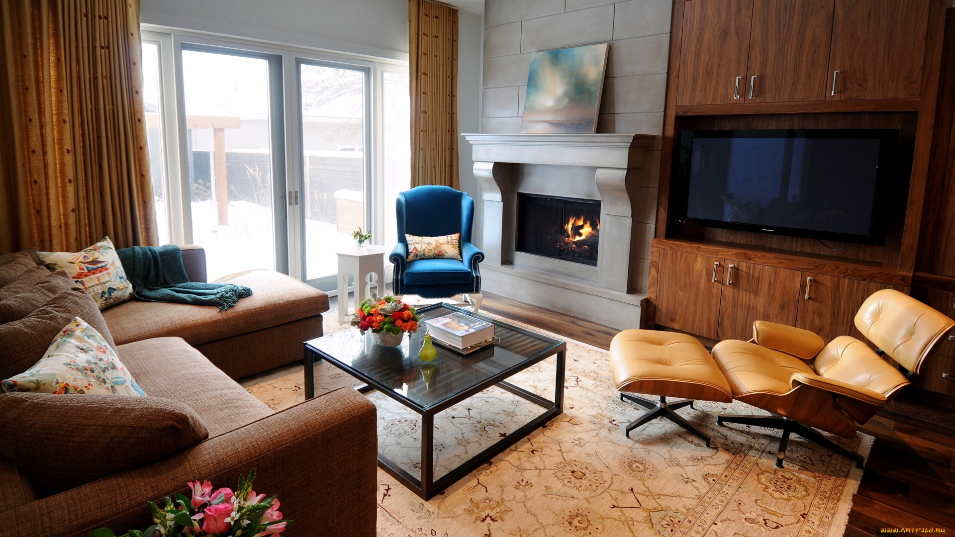 интерьер, гостиная, плазма, зима, кресло, столик, диван