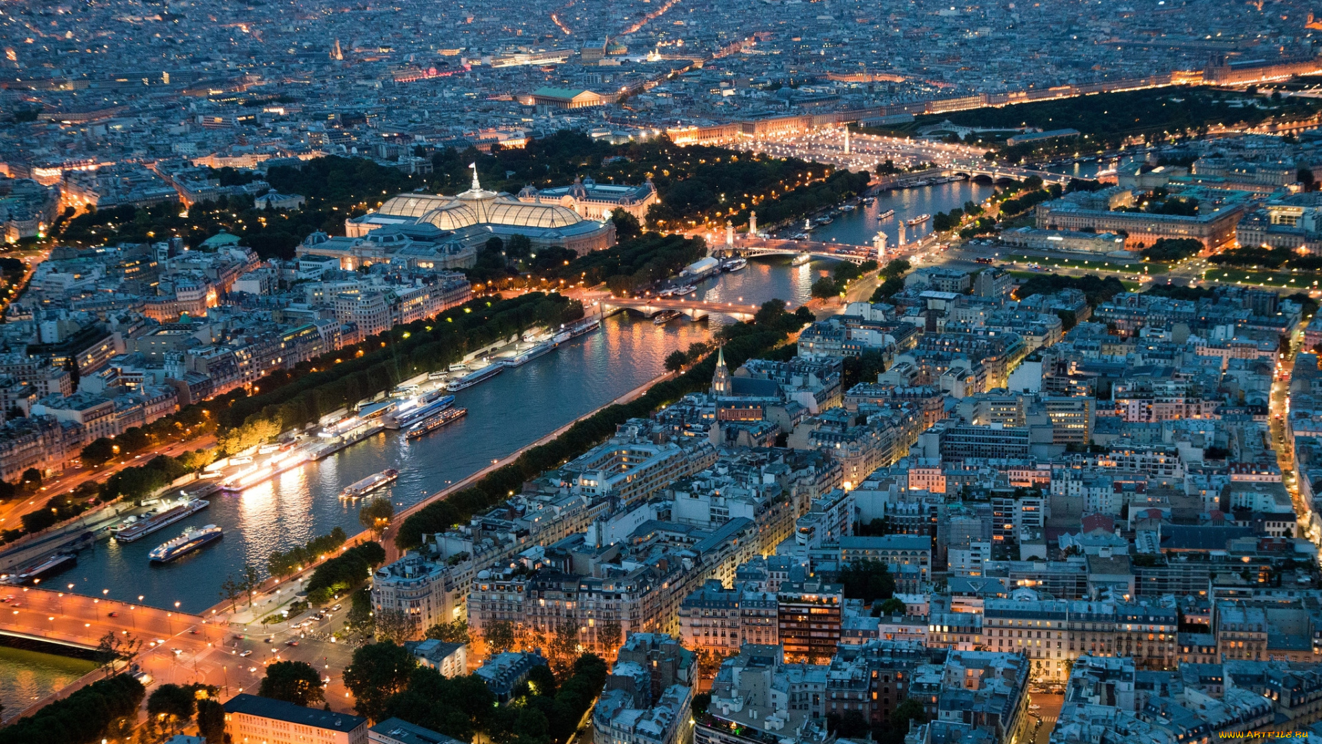 города, париж, франция, ночь, огни, панорама, мосты, река