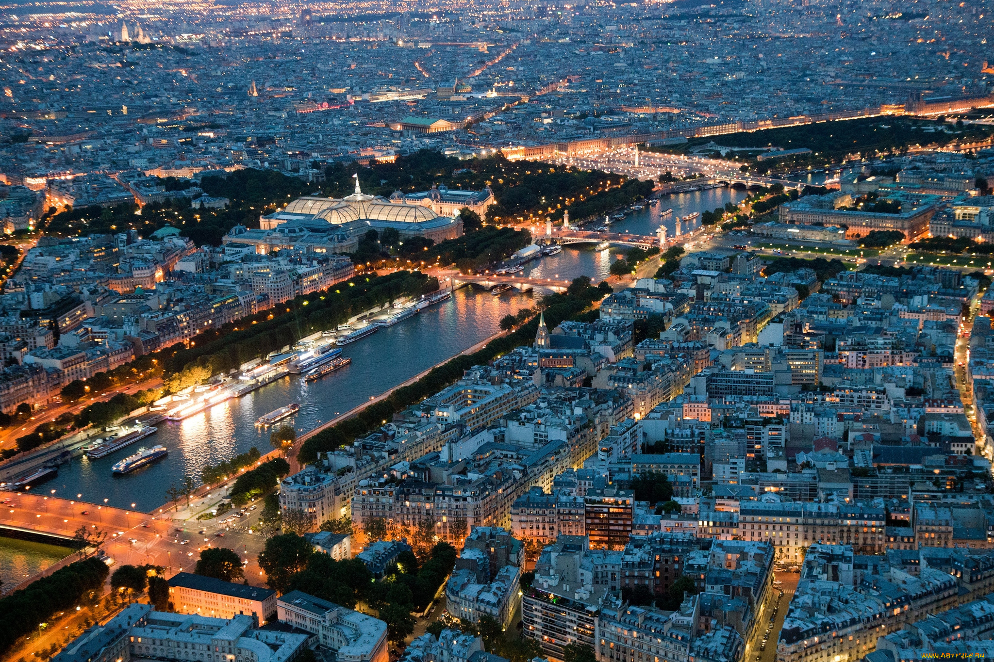 города, париж, франция, ночь, огни, панорама, мосты, река
