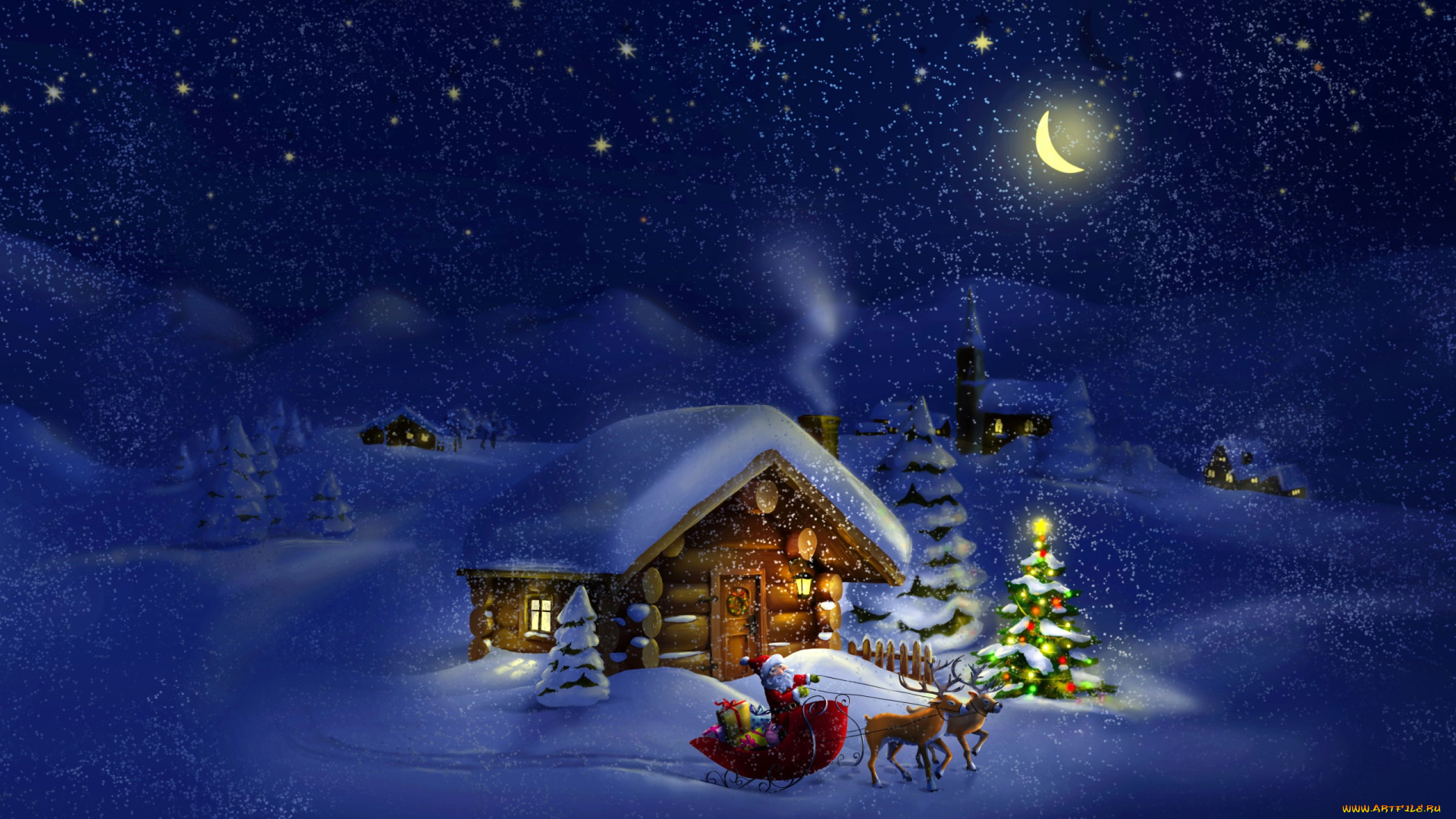 праздничные, рисованные, новый, год, праздники, дом, зима, дед, мороз, ночь, елка, луна, снег, олени, рождество, фото, природа