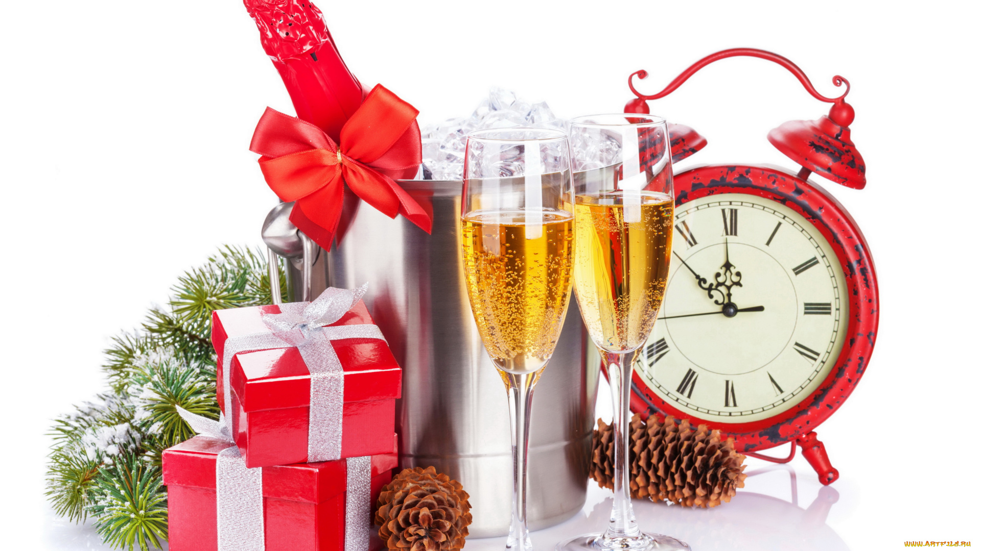 праздничные, угощения, шишка, шампанское, год, часы, подарки, бокал, ветка, новый
