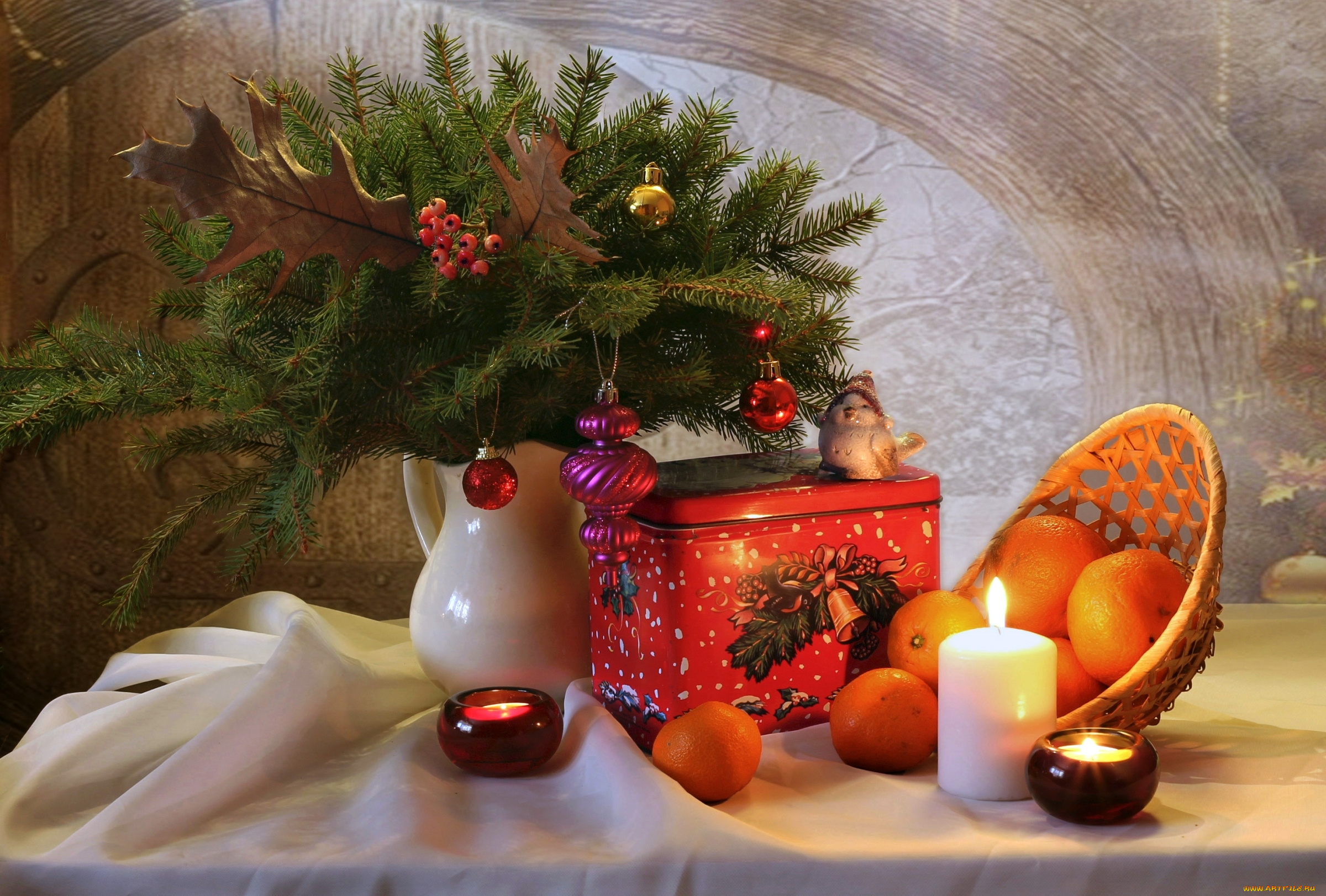 праздничные, угощения, елка, игрушки, мандарины, свечи, коробка