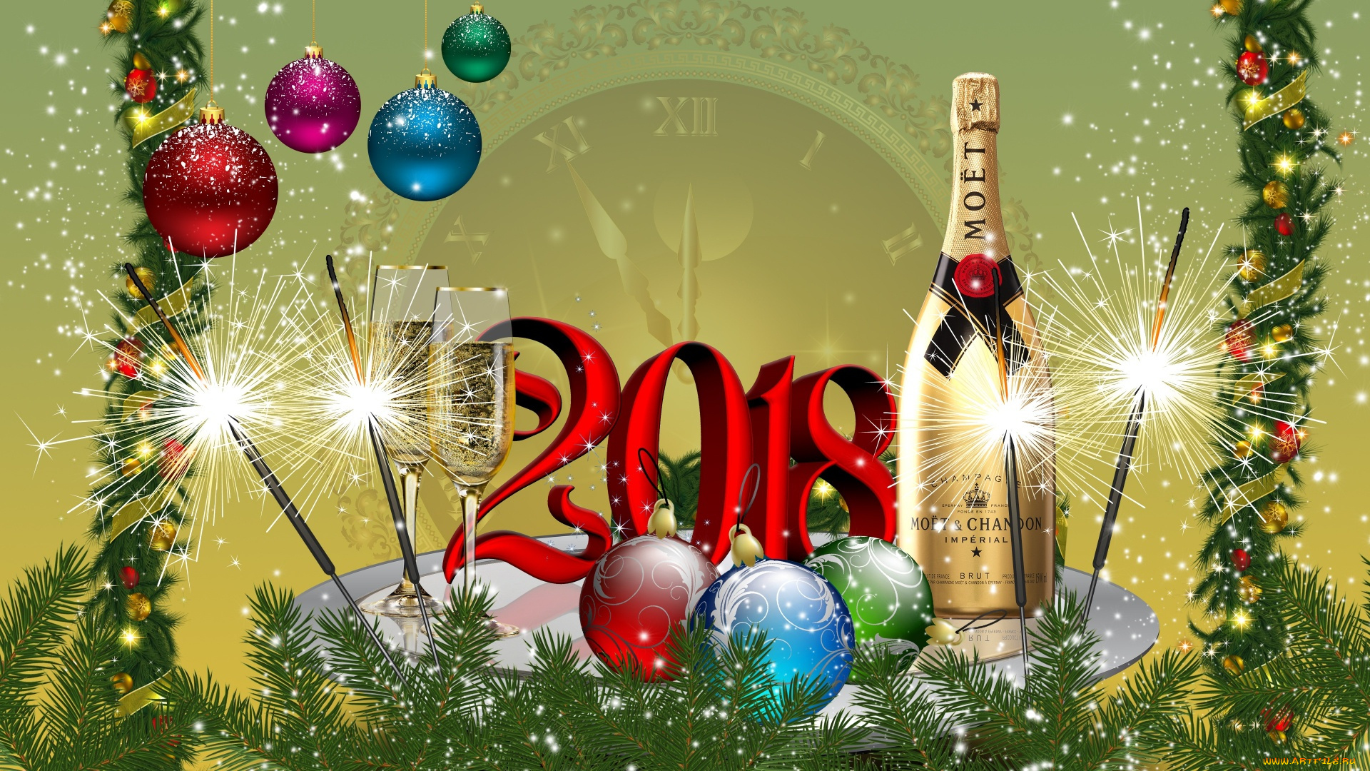 праздничные, векторная, графика, , новый, год, новый, год, елка, шары, 2018, шампанское, графика
