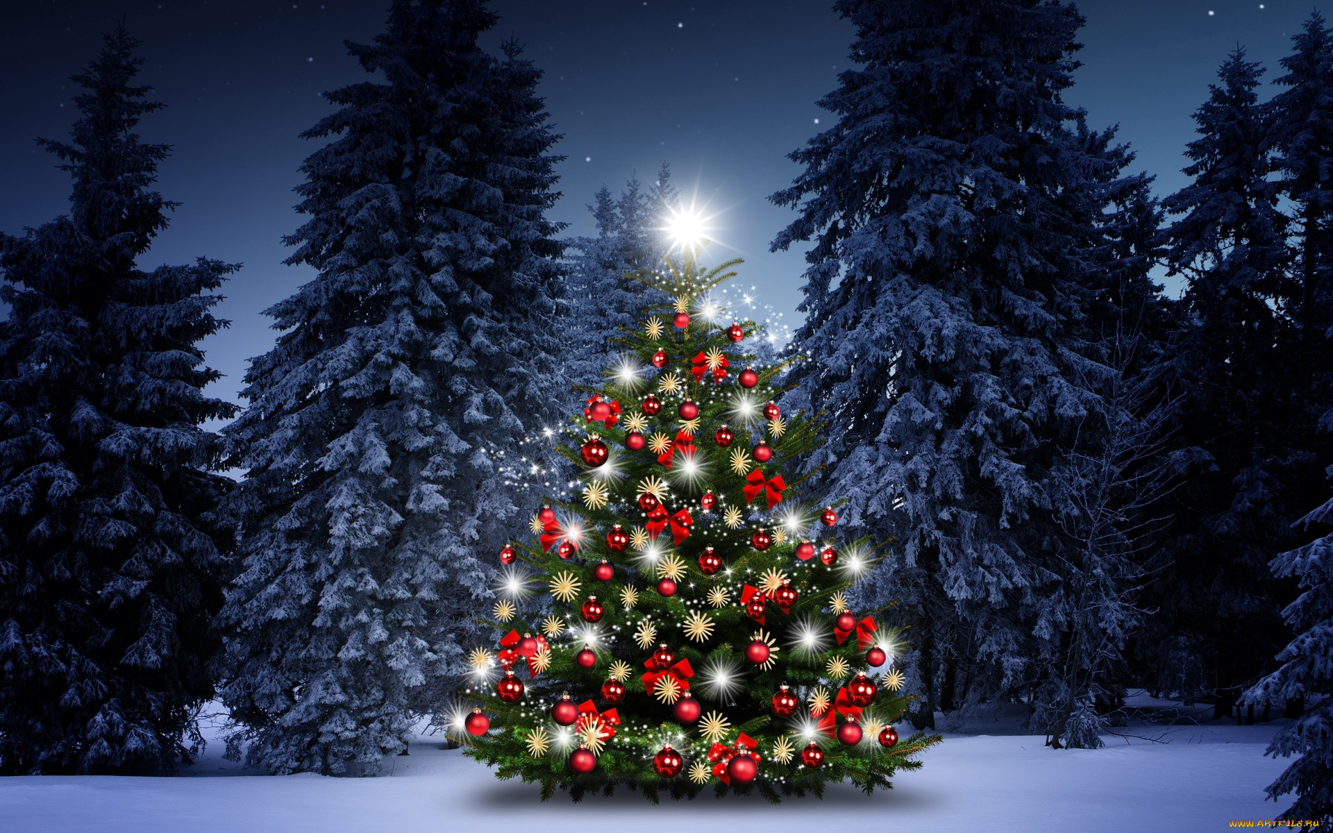 праздничные, Ёлки, снег, елки, украшения, happy, christmas, night, новый, год, snow, зима, decoration, merry, новогодняя, елка, снежинки, tree, шары, winter, рождество