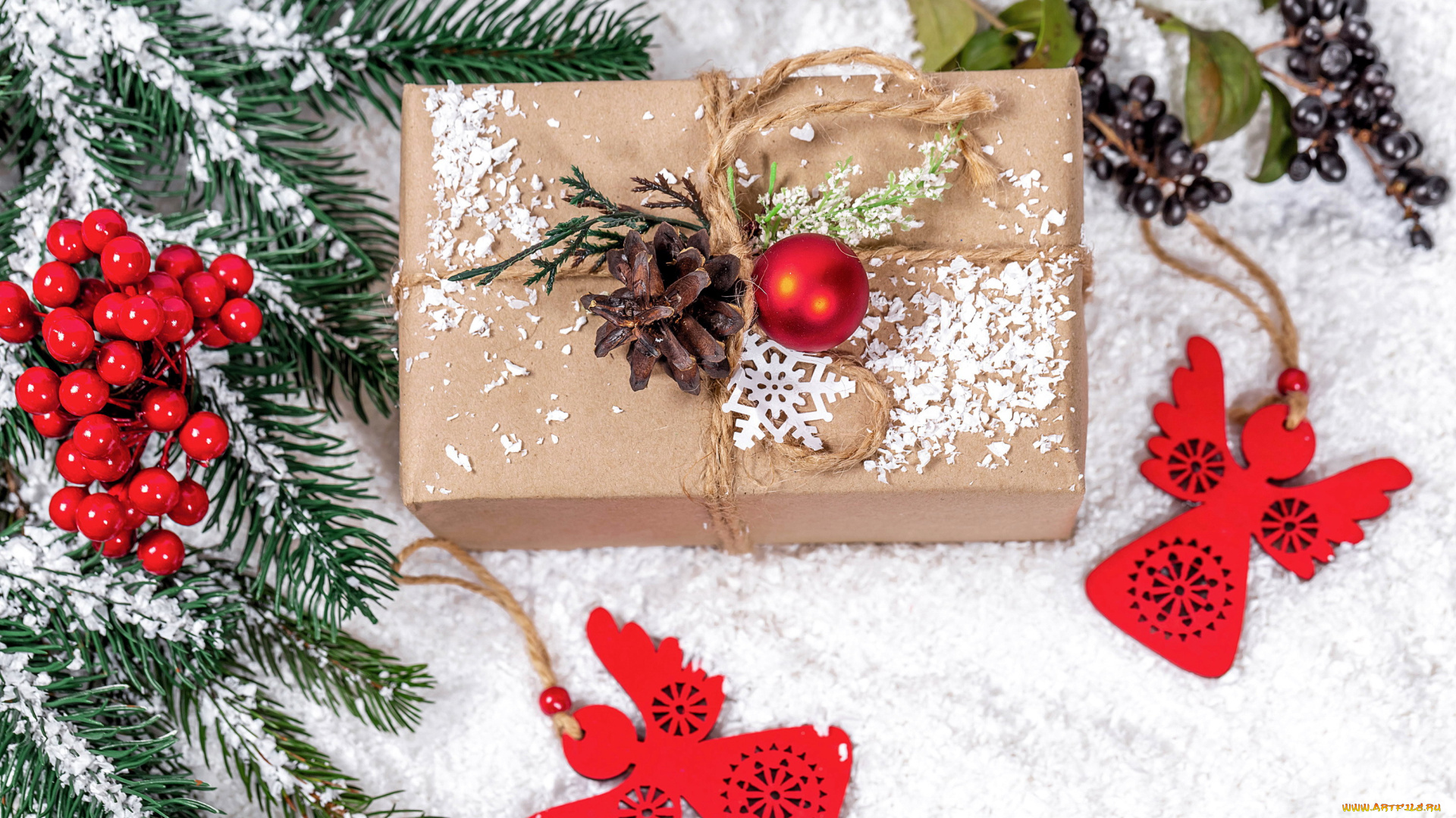 праздничные, подарки, и, коробочки, ёлка, ягоды, снег, коробка, подарок, шишка