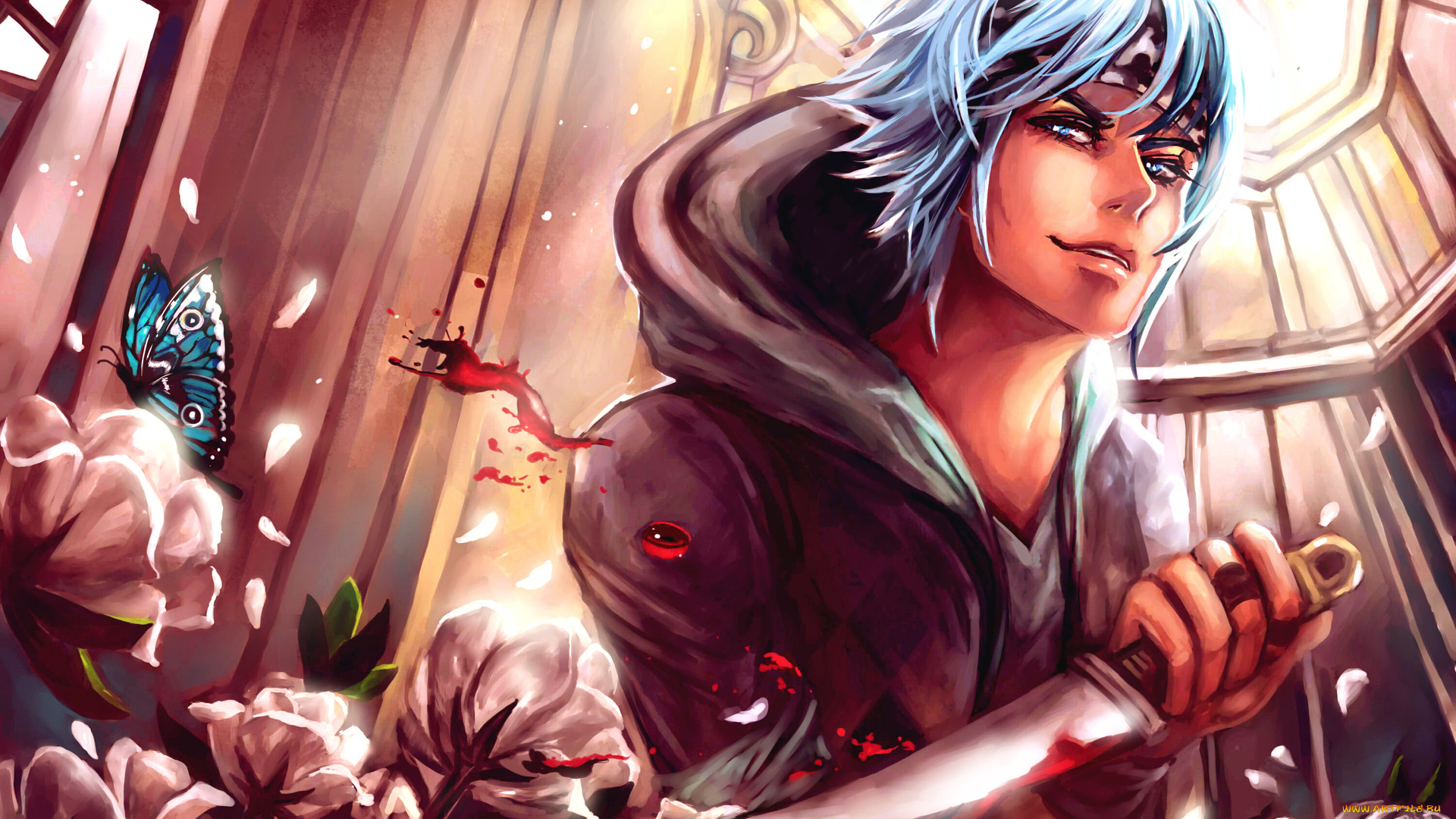аниме, -weapon, , blood, &, technology, парень, кровь, нож, цветы, бабочка, улыбка