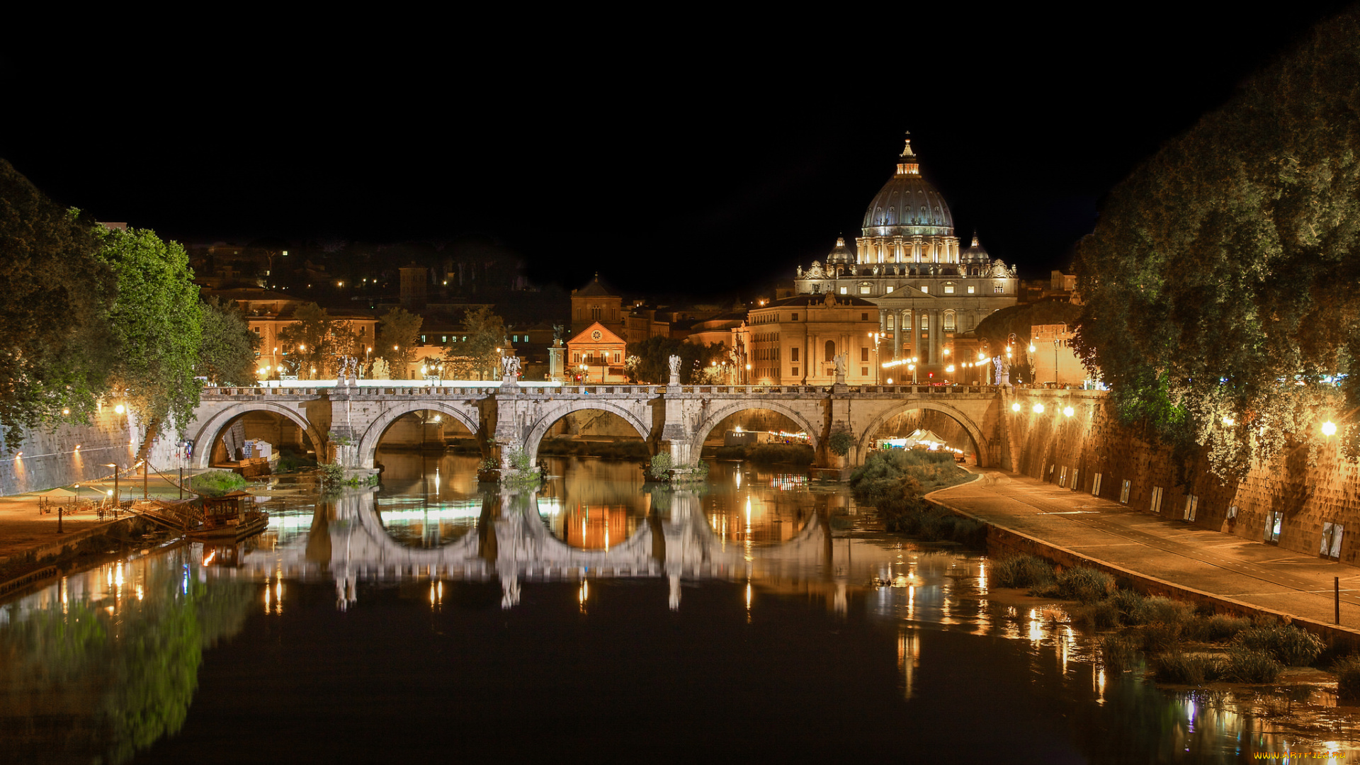 ponte, st, angelo, , rome, города, рим, , ватикан, , италия, ночь, мост, река
