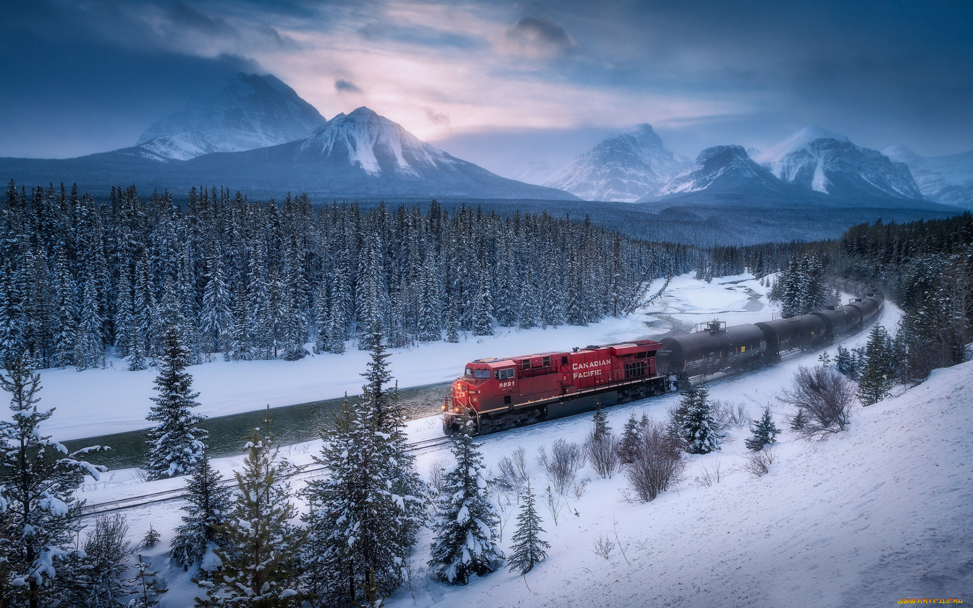 техника, поезда, канадские, скалистые, горы, зима, боу-ривер, вечер, боу-вэлли, закат, снег, лес, альберта, канада, национальный, парк, банф