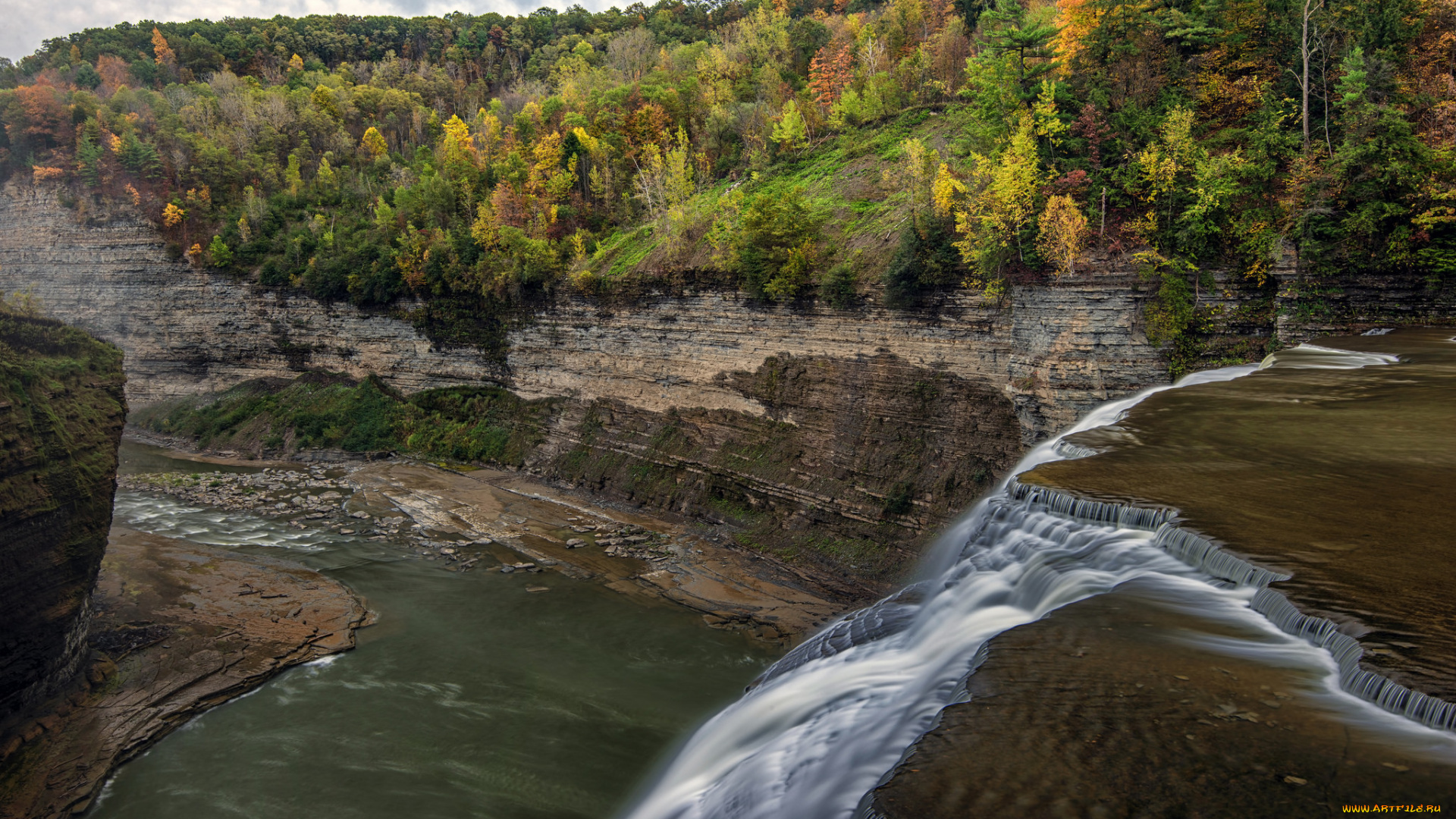 middle, falls, , letchworth, state, park, , ny, природа, водопады, скалы, ущелье, лес, река, водопад