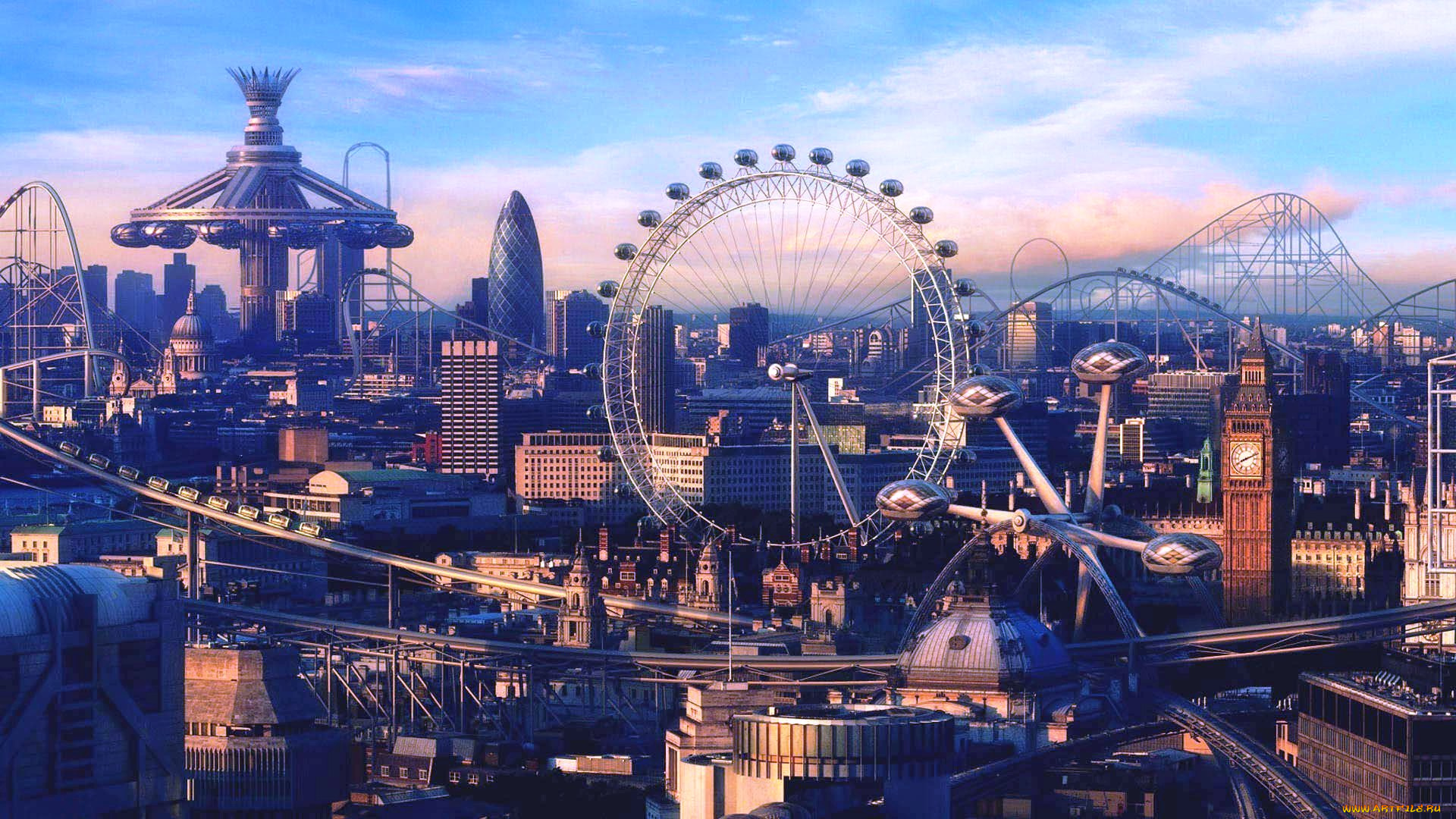 города, лондон, , великобритания, здания, дома, колесо, обозрения, панорама, аттракционы, парк