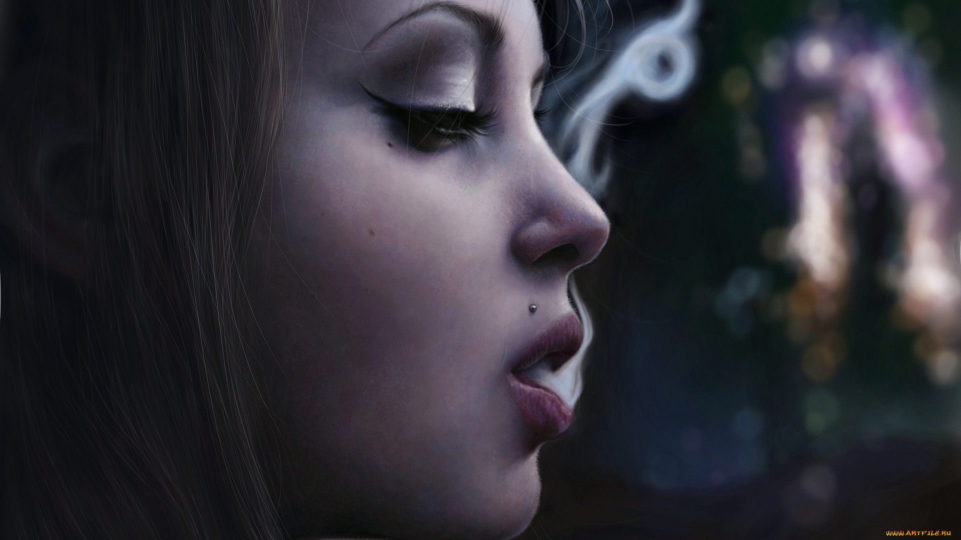 рисованное, люди, курит, девушка, губы, лицо, арт, дым