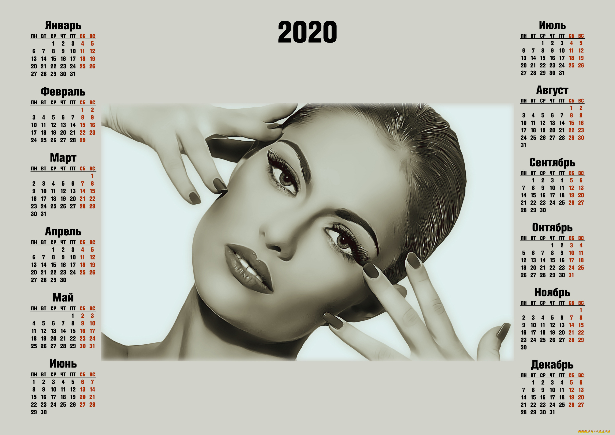 календари, компьютерный, дизайн, макияж, женщина, лицо, руки, девушка, взгляд, calendar, 2020