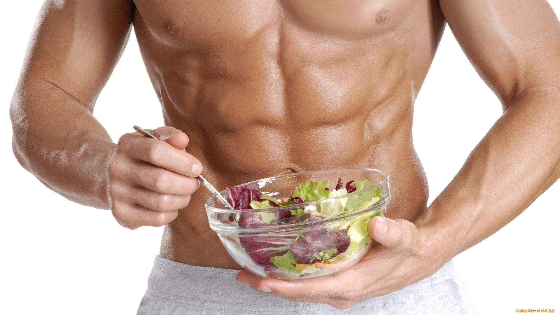 мужчины, -unsort, салат, мышцы, абс, белый, фон, питание, мускулистые, в, помещении, чашка, простой, крупным, планом