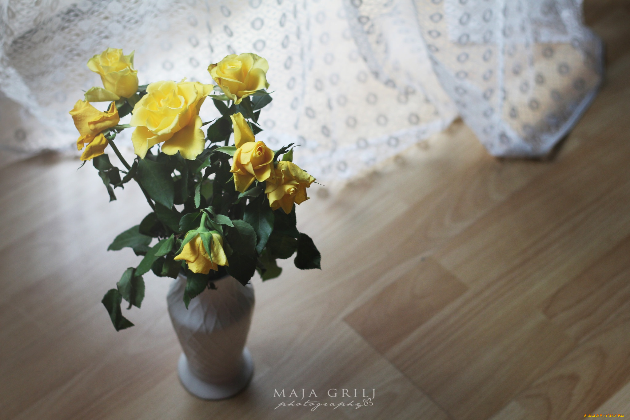 цветы, розы, букет, ваза, желтые
