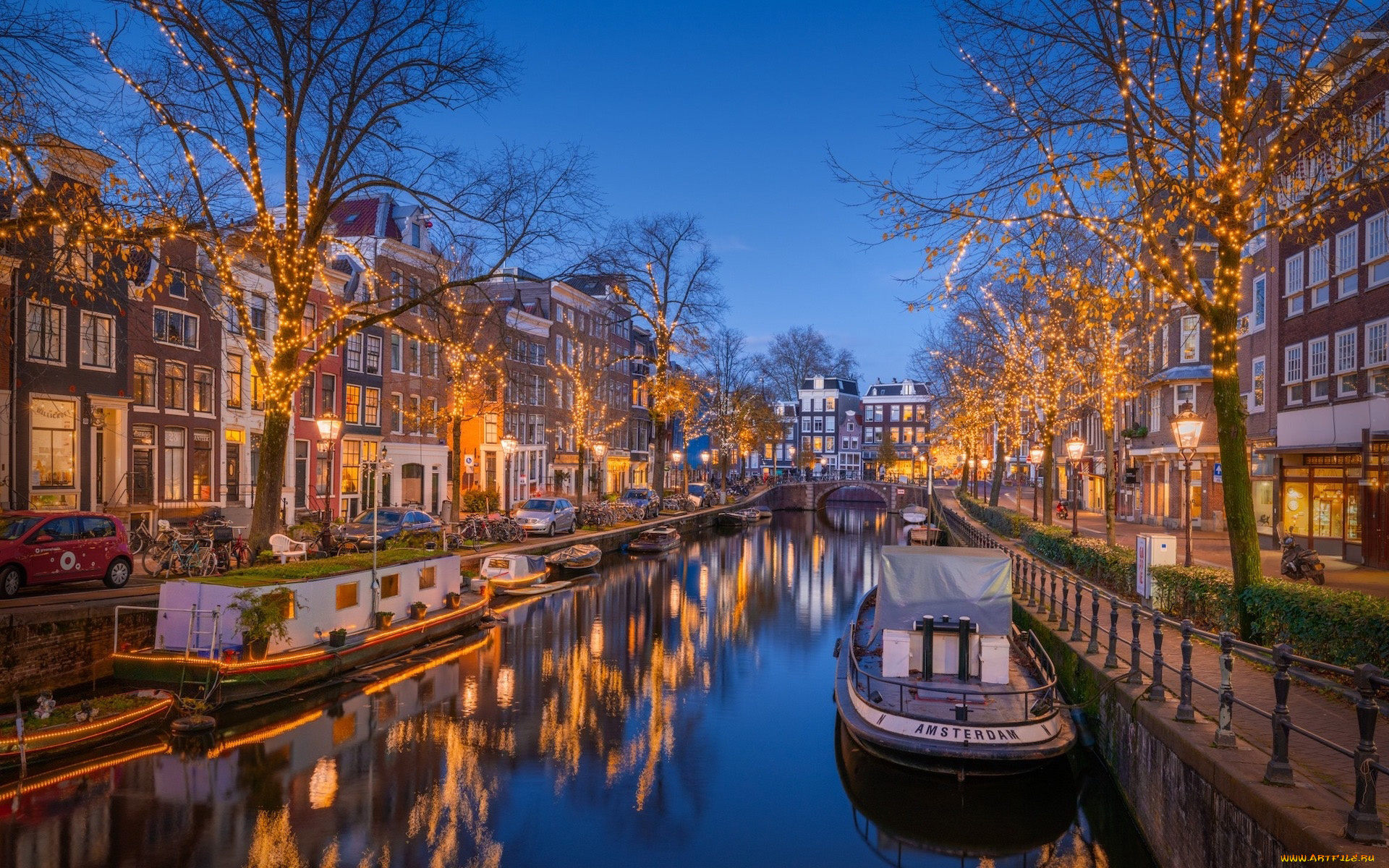 города, амстердам, , нидерланды, канал, лодки, иллюминация, вечер, огни