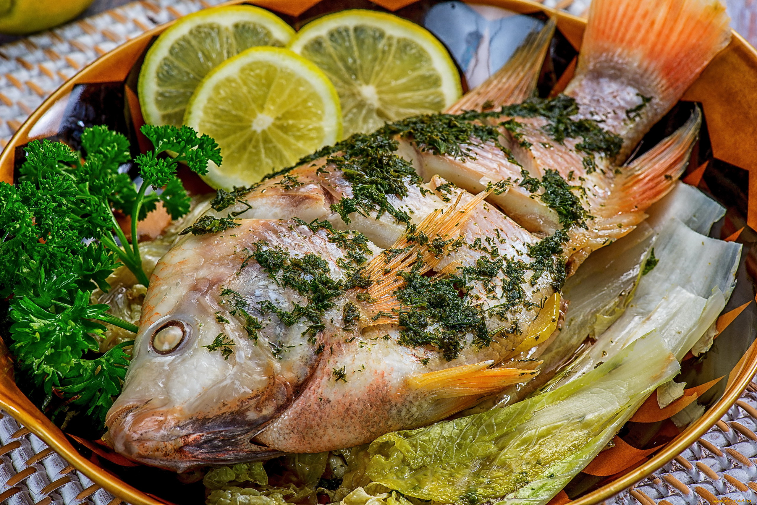 еда, рыбные, блюда, , с, морепродуктами, петрушка, запеченная, рыба, лимон