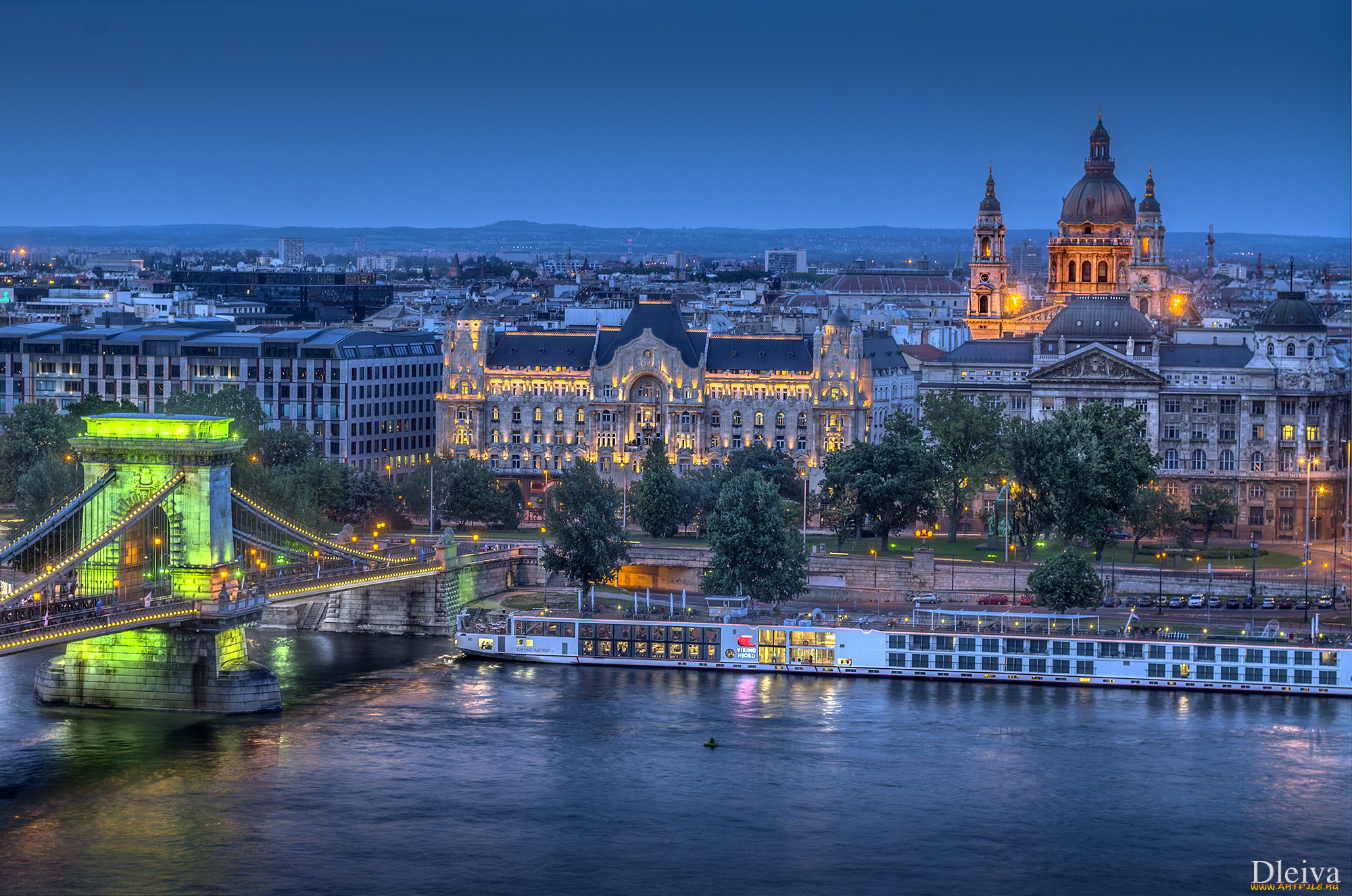 города, будапешт, венгрия, здания, река, мост, ночь
