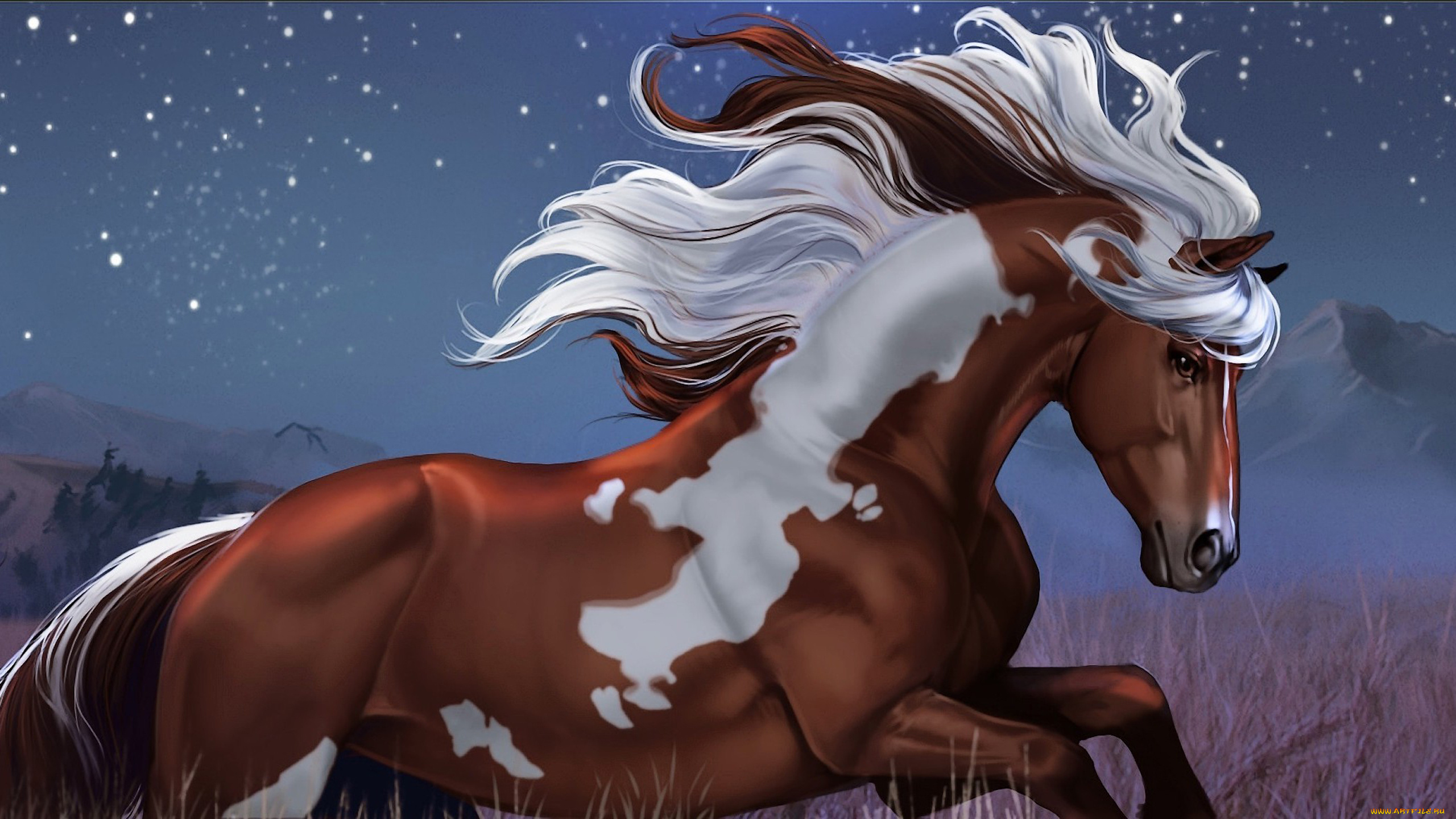 рисованные, животные, лошади, бег, конь, ночь, холмы, звезды